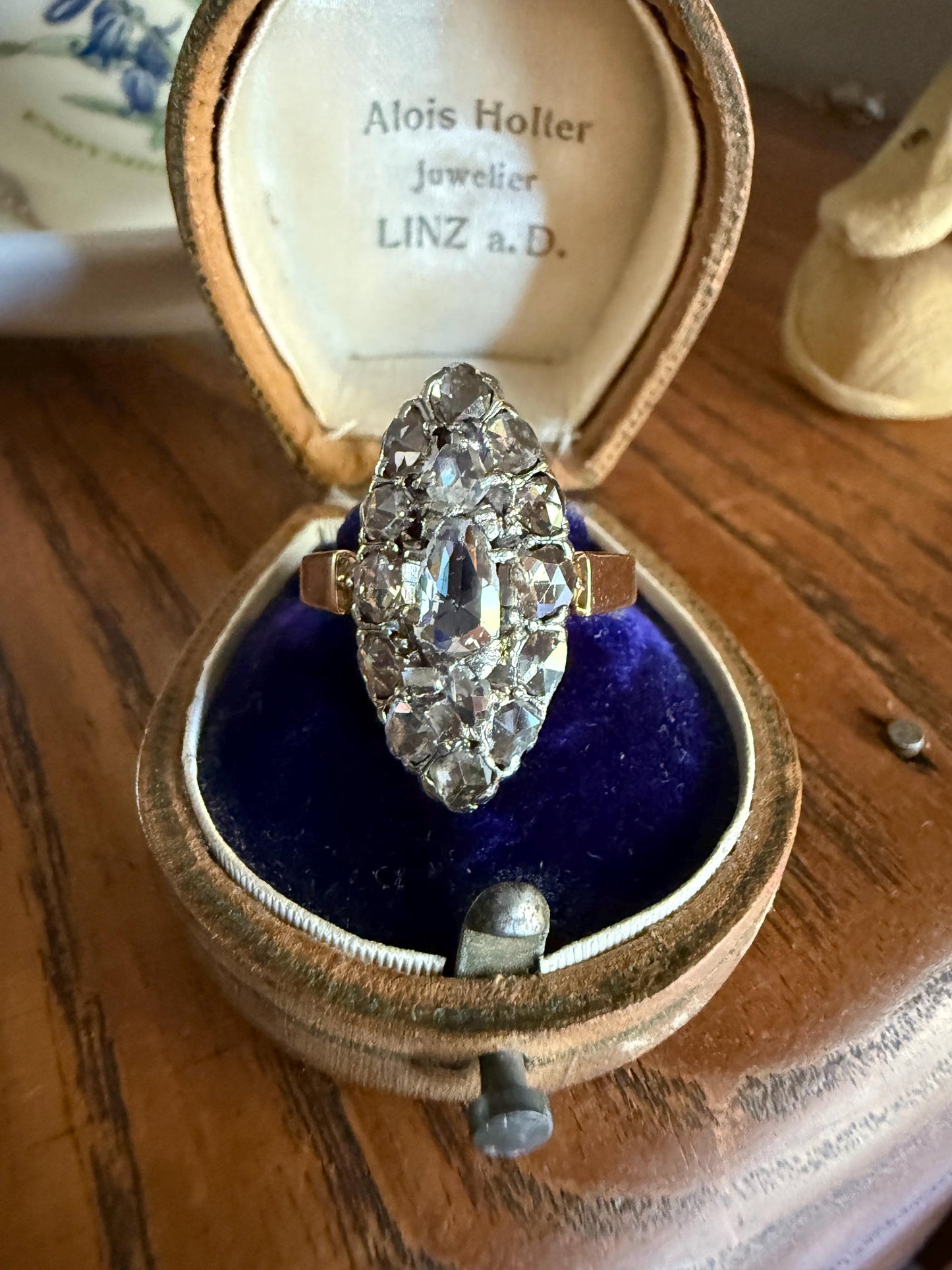 XL Antique Unique Elongated Rose Cut Diamond Navette Cluster Open Back French Victorian Era 18k Rose Gold & Platinum 1 inch Chunky Sparkle