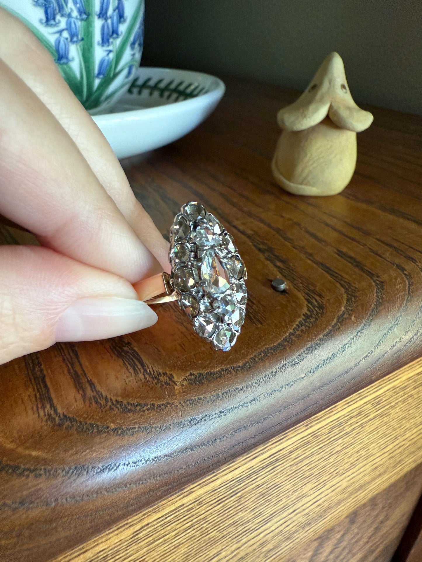 XL Antique Unique Elongated Rose Cut Diamond Navette Cluster Open Back French Victorian Era 18k Rose Gold & Platinum 1 inch Chunky Sparkle