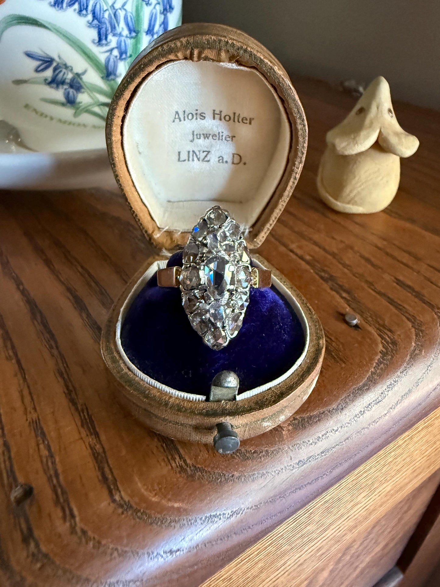 XL Antique Unique Elongated Rose Cut Diamond Navette Cluster Open Back French Victorian Era 18k Rose Gold & Platinum 1 inch Chunky Sparkle