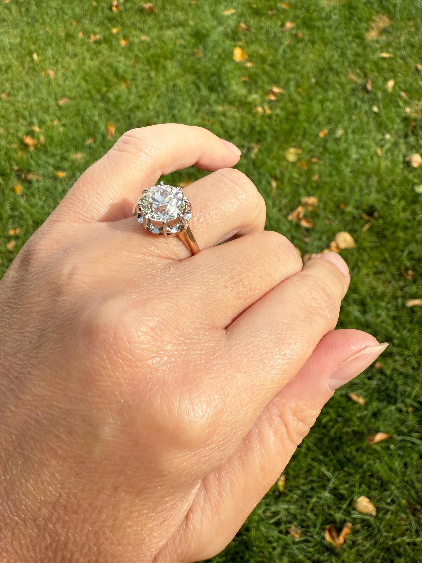 Special French Original Antique 3.5 CARAT Old European Cut DIAMOND Eye Clean Solitaire Engagement Ring 18k Rosy Gold Platinum Fiery OEC