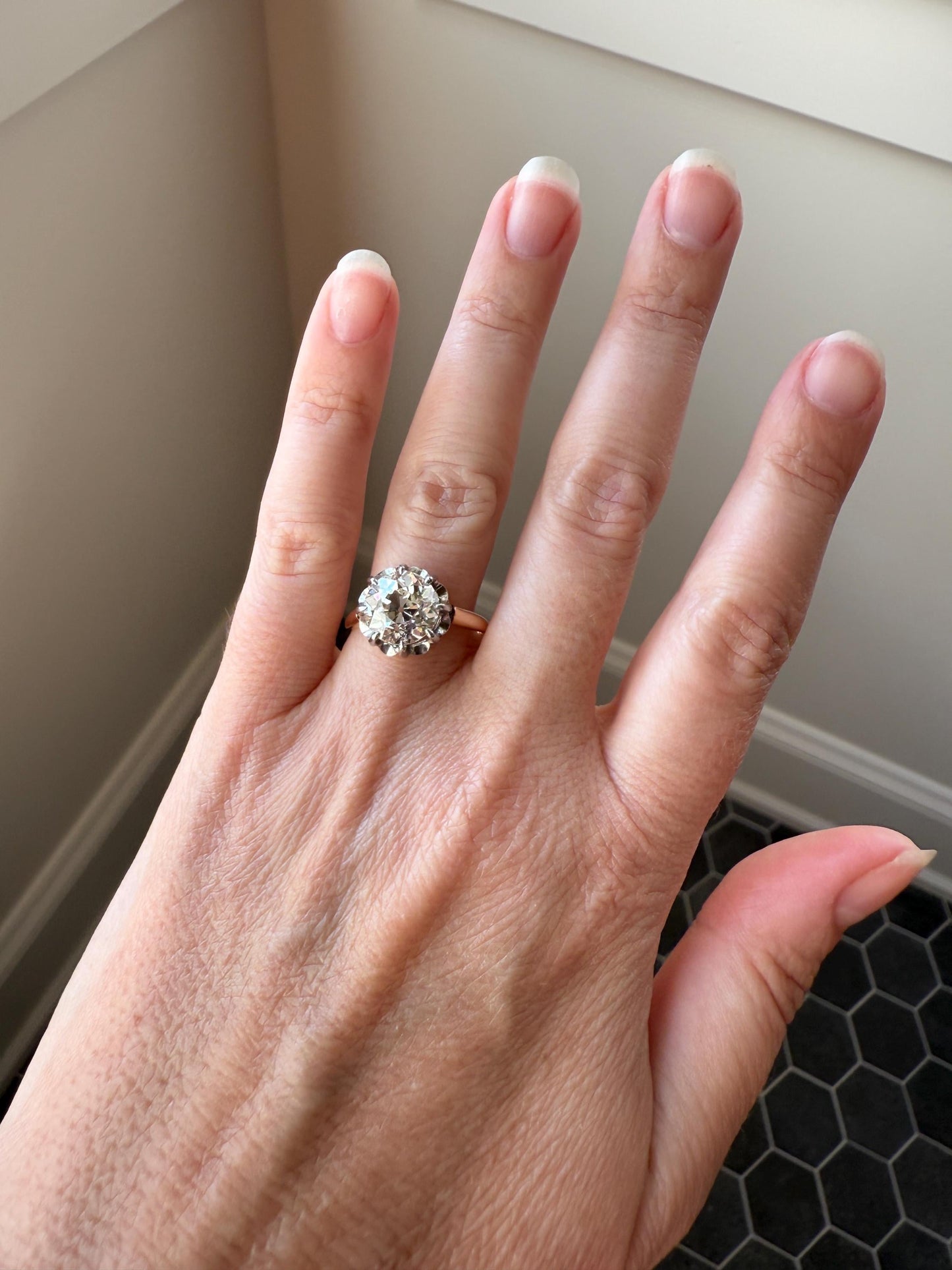 Special French Original Antique 3.5 CARAT Old European Cut DIAMOND Eye Clean Solitaire Engagement Ring 18k Rosy Gold Platinum Fiery OEC