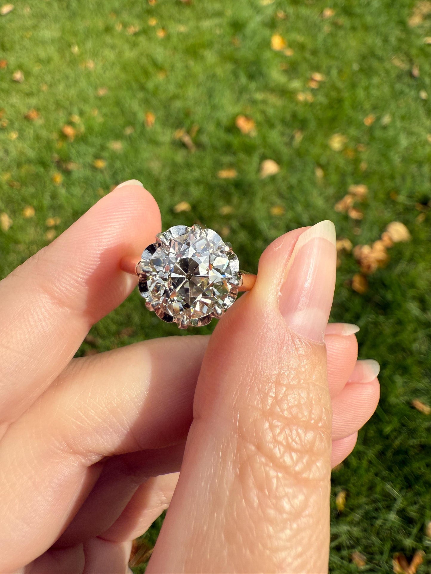 Special French Original Antique 3.5 CARAT Old European Cut DIAMOND Eye Clean Solitaire Engagement Ring 18k Rosy Gold Platinum Fiery OEC