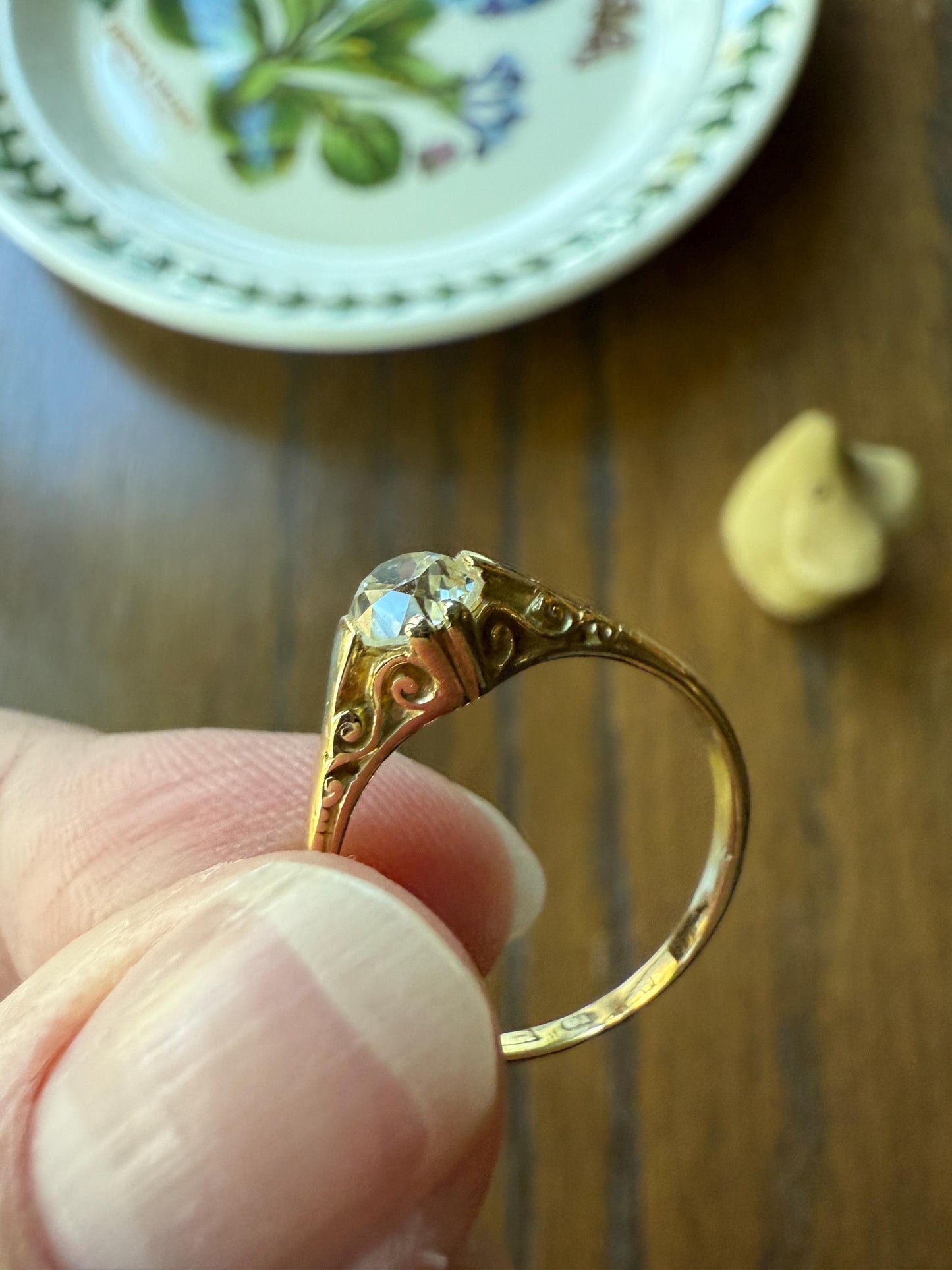Scrolled Eye Clean Antique .7 Carat Old Mine Cut DIAMOND Solitaire Ornate Victorian Engagement Ring 18k Gold Romantic Gift Stacker .7Ctw OMC