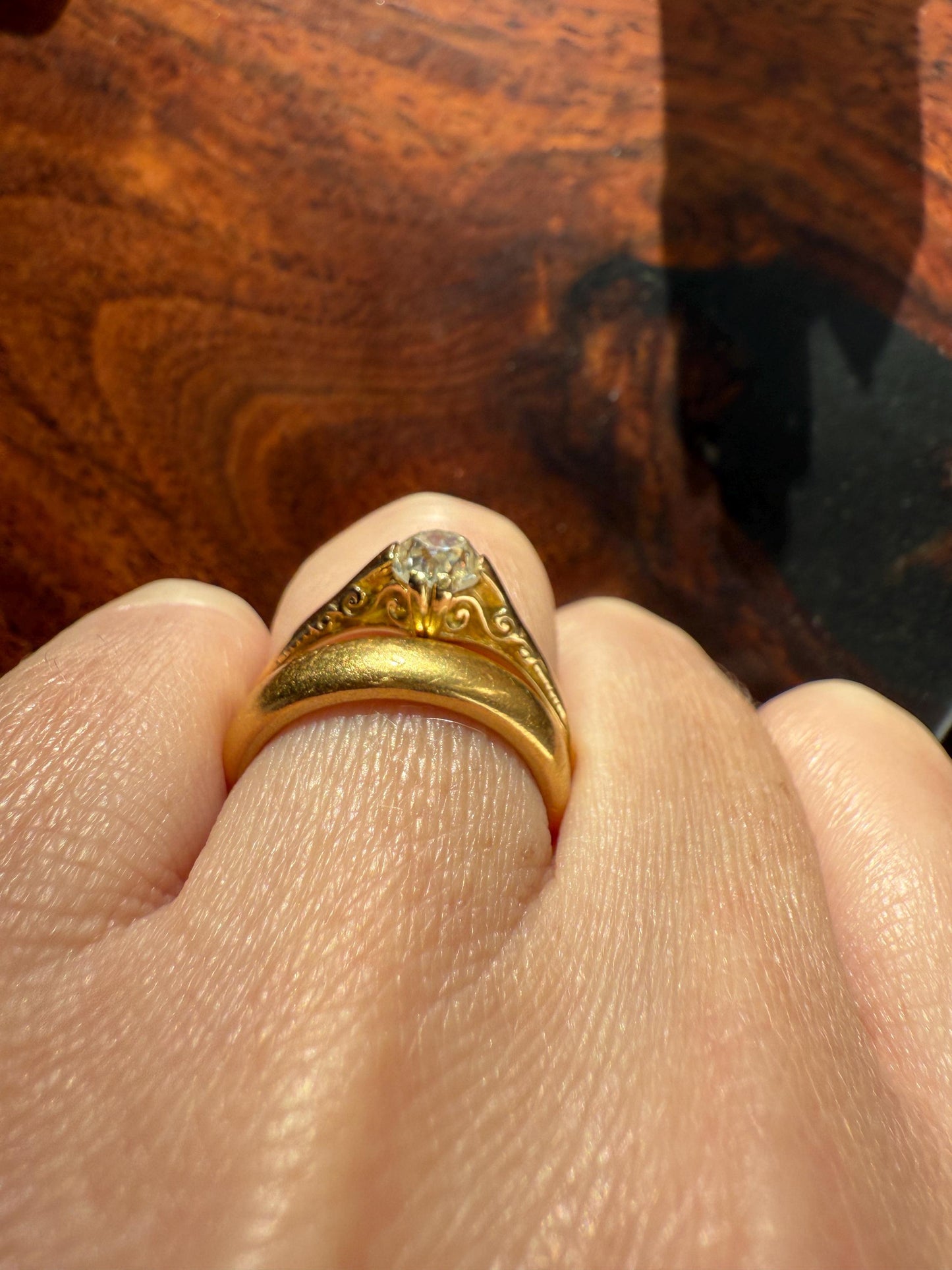 Scrolled Eye Clean Antique .7 Carat Old Mine Cut DIAMOND Solitaire Ornate Victorian Engagement Ring 18k Gold Romantic Gift Stacker .7Ctw OMC