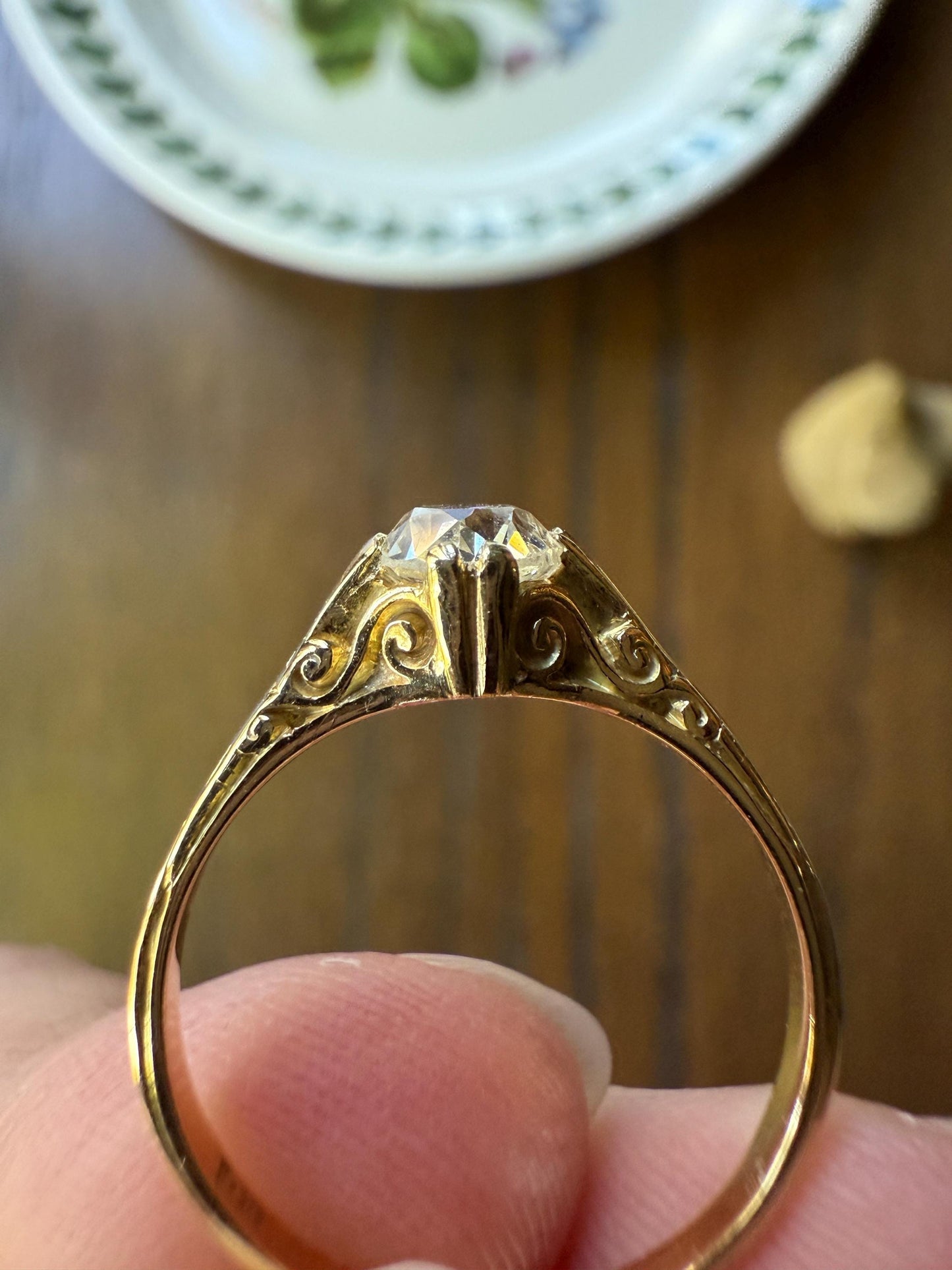 Scrolled Eye Clean Antique .7 Carat Old Mine Cut DIAMOND Solitaire Ornate Victorian Engagement Ring 18k Gold Romantic Gift Stacker .7Ctw OMC