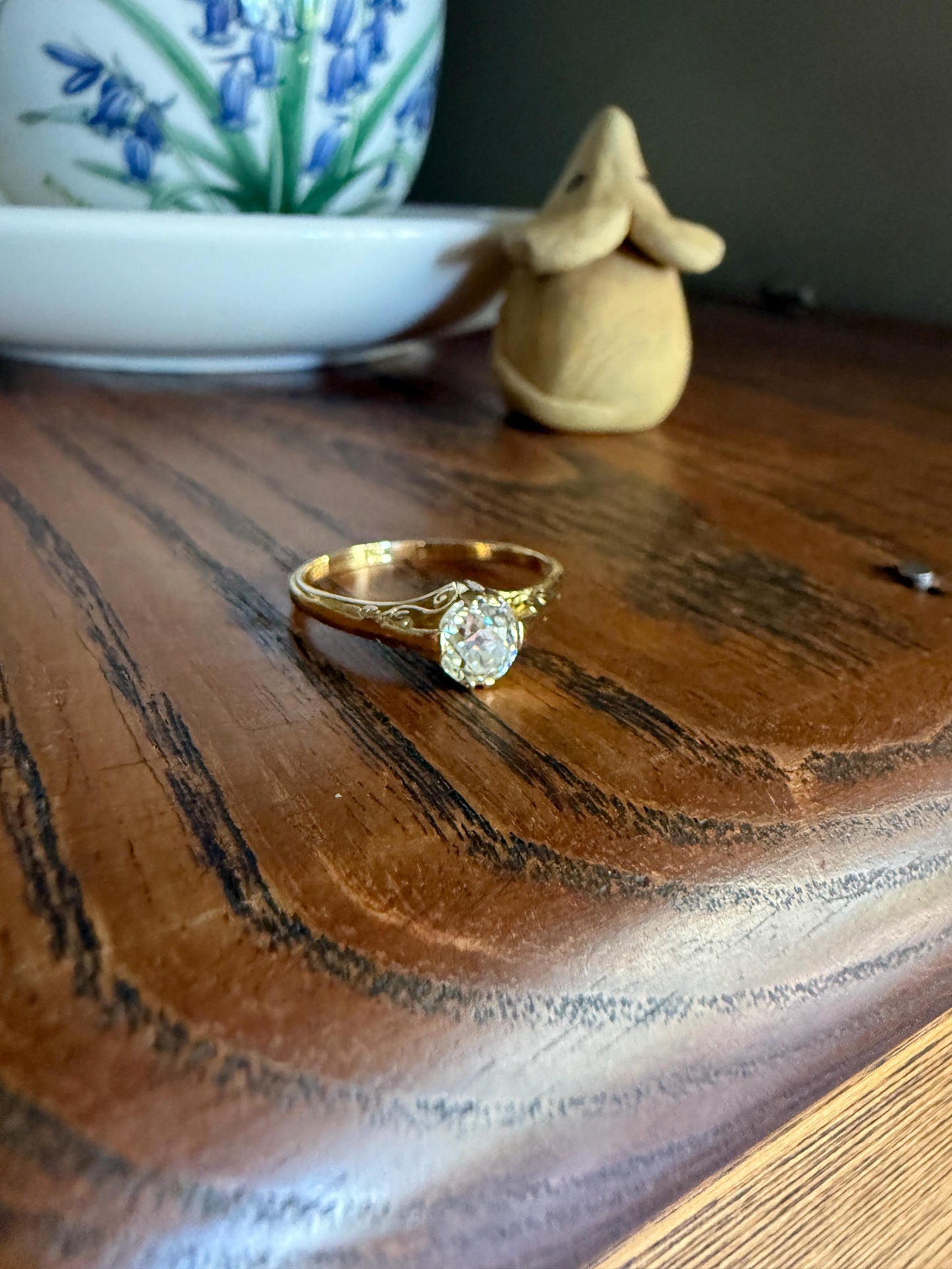 Scrolled Eye Clean Antique .7 Carat Old Mine Cut DIAMOND Solitaire Ornate Victorian Engagement Ring 18k Gold Romantic Gift Stacker .7Ctw OMC