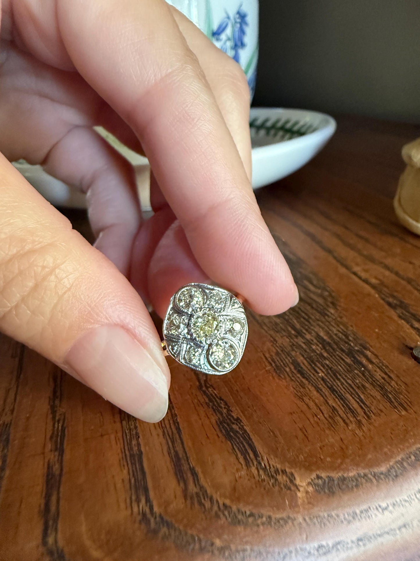Edwardian Antique 1.1 Carat Old Mine Cut Diamond Cluster Ring Panel Oval Platform Ornate Geometric Milgrain Pale Yellow Center 1.1Ctw OMC