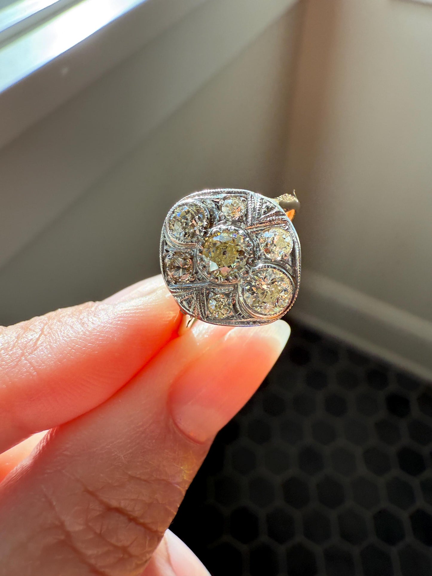 Edwardian Antique 1.1 Carat Old Mine Cut Diamond Cluster Ring Panel Oval Platform Ornate Geometric Milgrain Pale Yellow Center 1.1Ctw OMC
