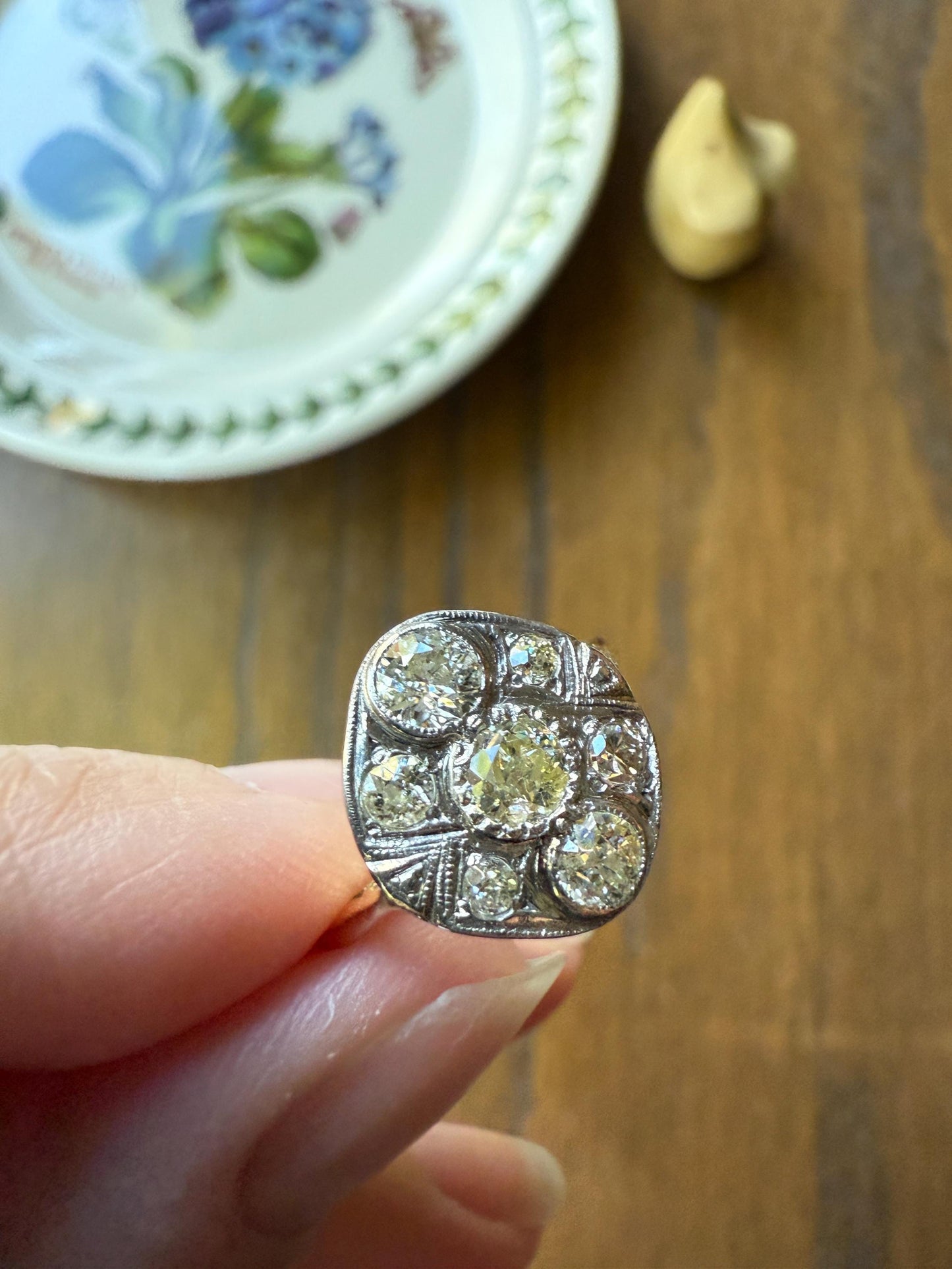Edwardian Antique 1.1 Carat Old Mine Cut Diamond Cluster Ring Panel Oval Platform Ornate Geometric Milgrain Pale Yellow Center 1.1Ctw OMC