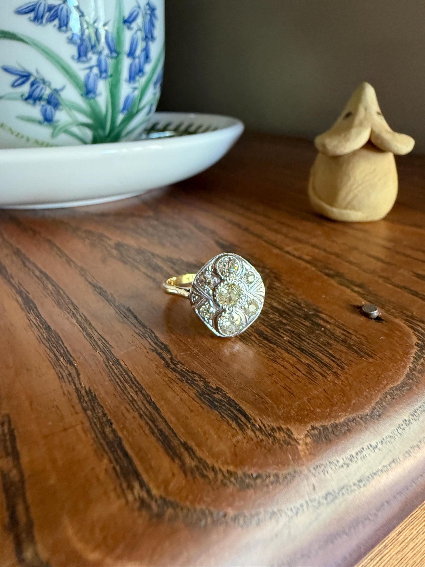 Edwardian Antique 1.1 Carat Old Mine Cut Diamond Cluster Ring Panel Oval Platform Ornate Geometric Milgrain Pale Yellow Center 1.1Ctw OMC