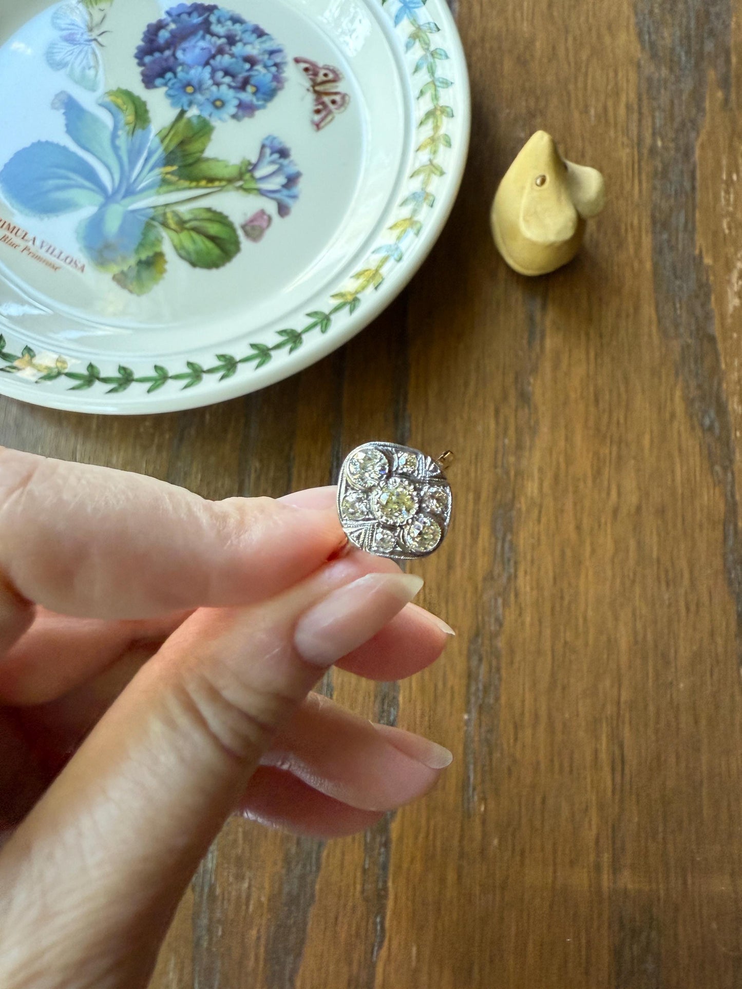 Edwardian Antique 1.1 Carat Old Mine Cut Diamond Cluster Ring Panel Oval Platform Ornate Geometric Milgrain Pale Yellow Center 1.1Ctw OMC