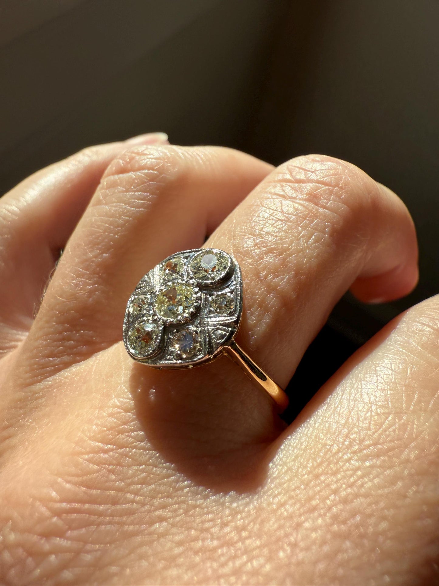 Edwardian Antique 1.1 Carat Old Mine Cut Diamond Cluster Ring Panel Oval Platform Ornate Geometric Milgrain Pale Yellow Center 1.1Ctw OMC