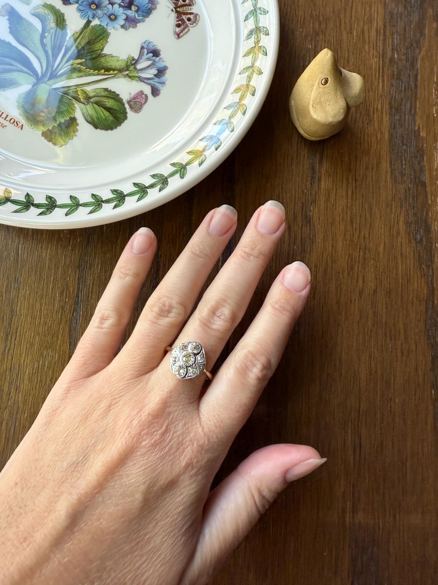 Edwardian Antique 1.1 Carat Old Mine Cut Diamond Cluster Ring Panel Oval Platform Ornate Geometric Milgrain Pale Yellow Center 1.1Ctw OMC