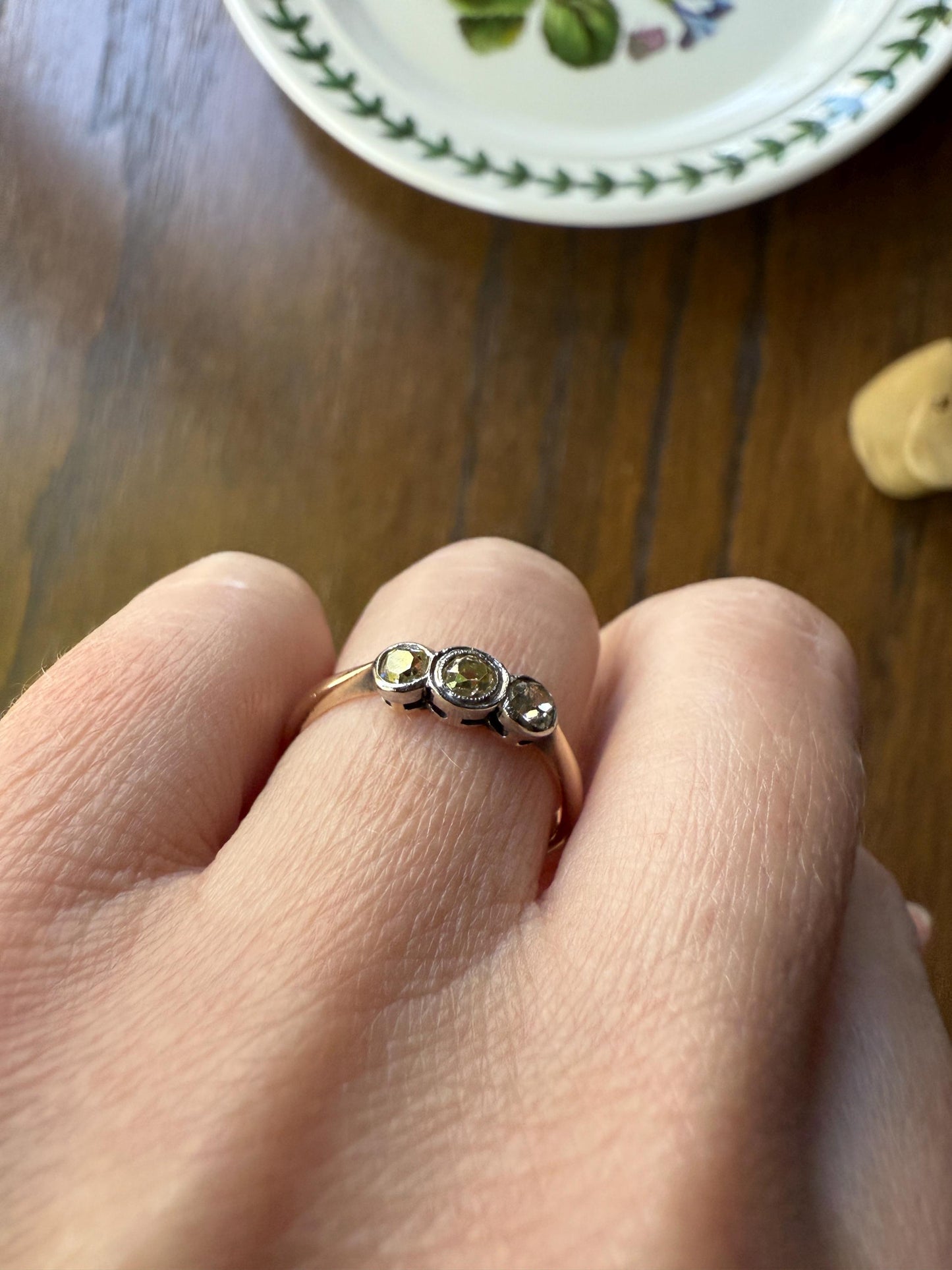 Antique Shades of Yellow Old Mine Cut Diamond Three Stone Ring 9k Gold & Platinum Bezel Set Stacker Trilogy Ring OMC