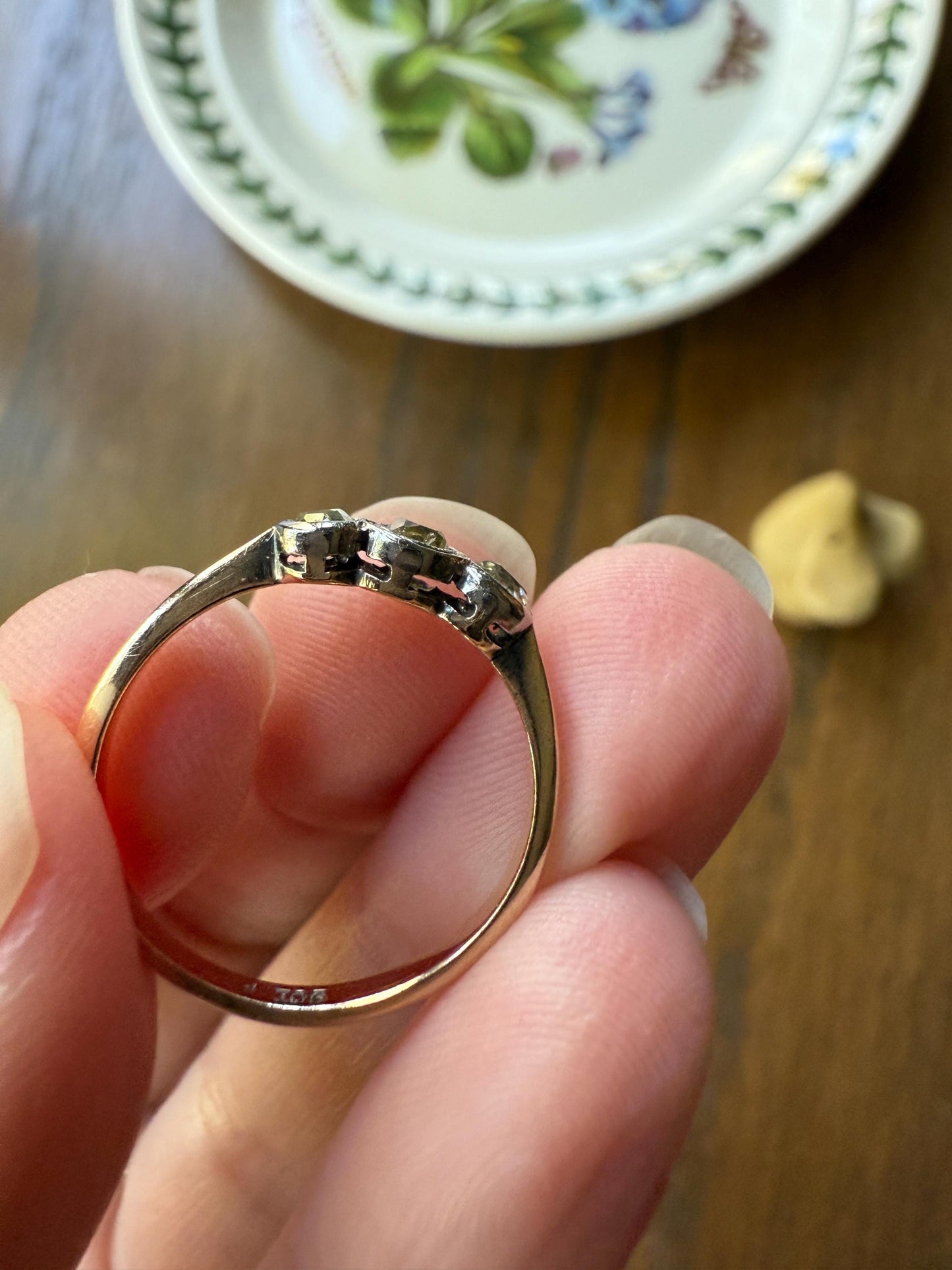 Antique Shades of Yellow Old Mine Cut Diamond Three Stone Ring 9k Gold & Platinum Bezel Set Stacker Trilogy Ring OMC