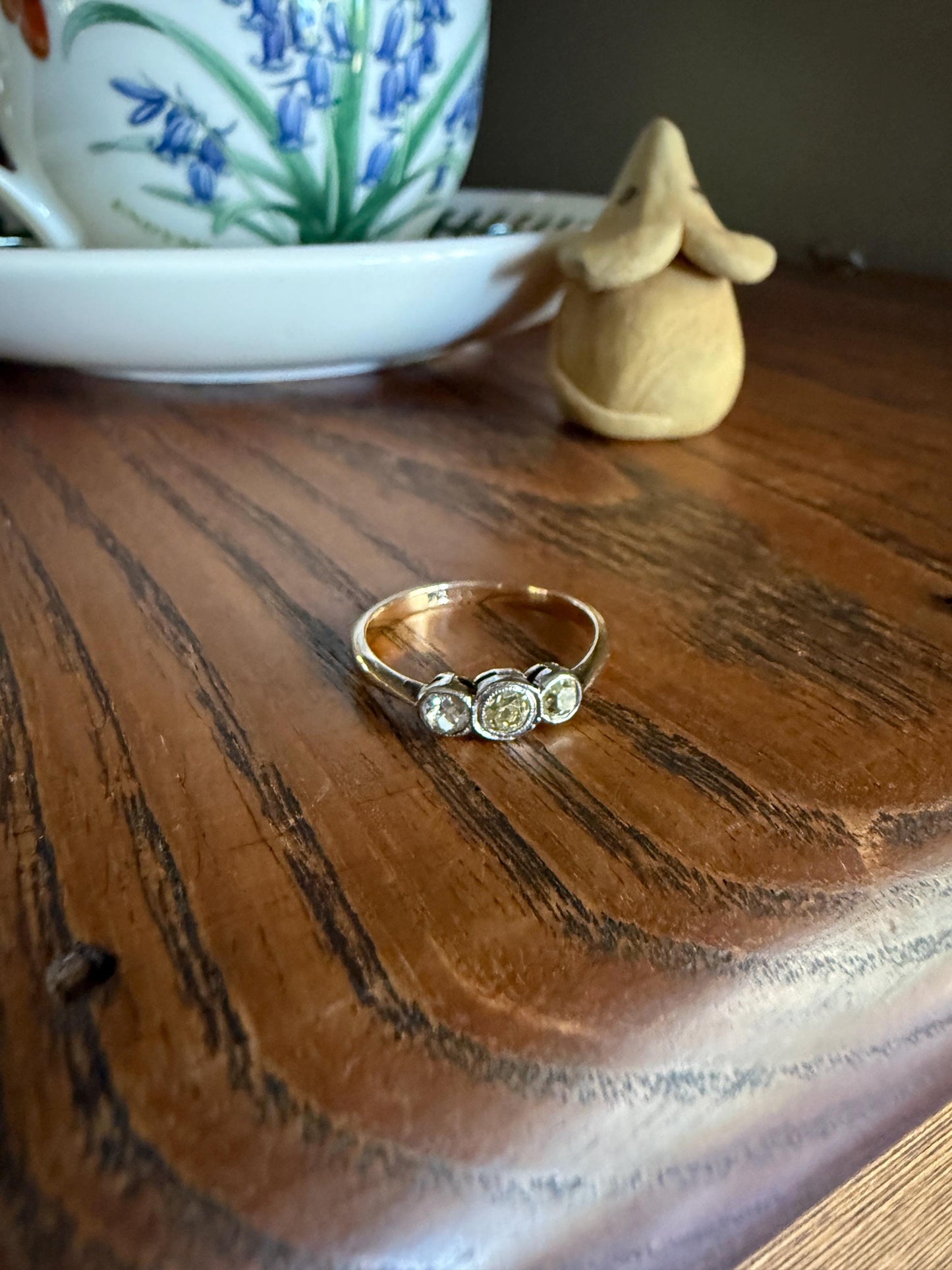 Antique Shades of Yellow Old Mine Cut Diamond Three Stone Ring 9k Gold & Platinum Bezel Set Stacker Trilogy Ring OMC