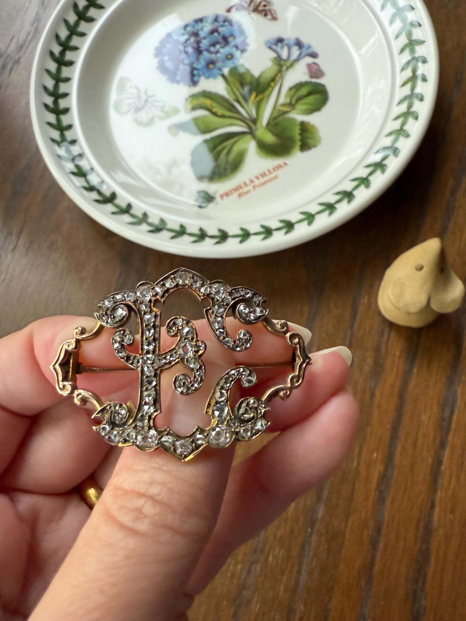 Oh to Be an " E " Amazing XL Antique Rose Old Mine cut DIAMOND Initial Brooch Pendant Bracelet Conversion Connector 14k & 10k Gold Ornate