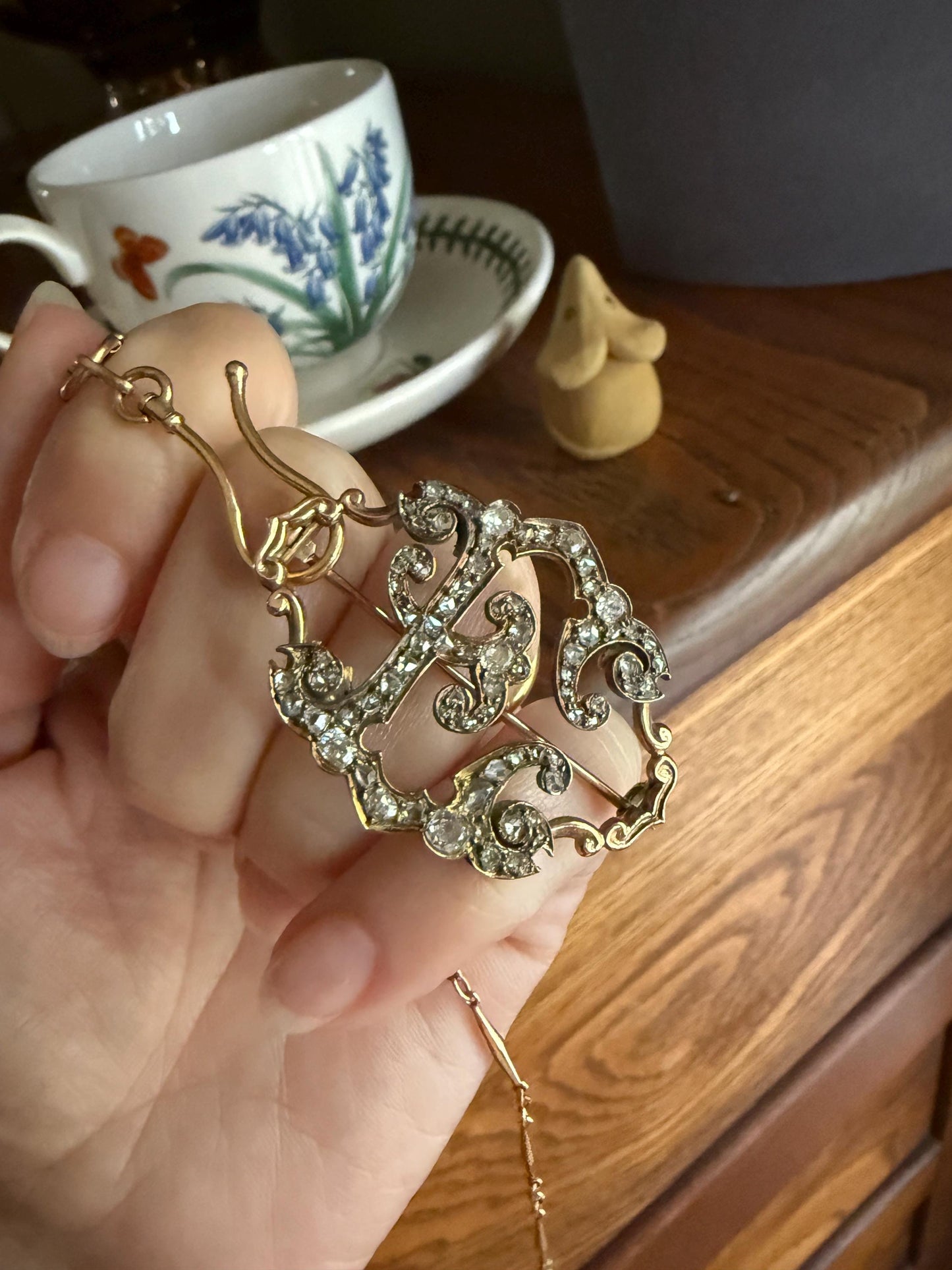 Oh to Be an " E " Amazing XL Antique Rose Old Mine cut DIAMOND Initial Brooch Pendant Bracelet Conversion Connector 14k & 10k Gold Ornate