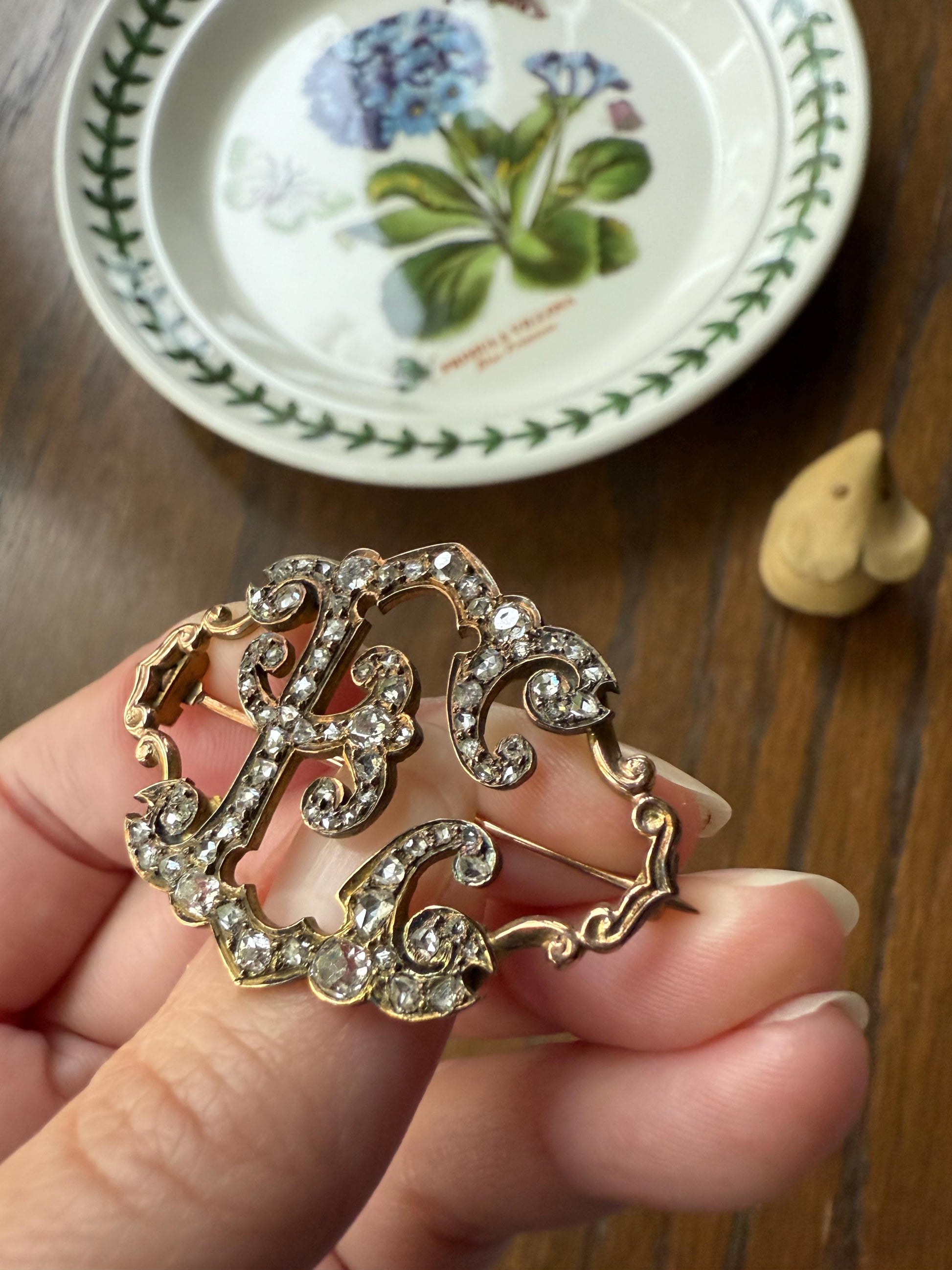Oh to Be an " E " Amazing XL Antique Rose Old Mine cut DIAMOND Initial Brooch Pendant Bracelet Conversion Connector 14k & 10k Gold Ornate