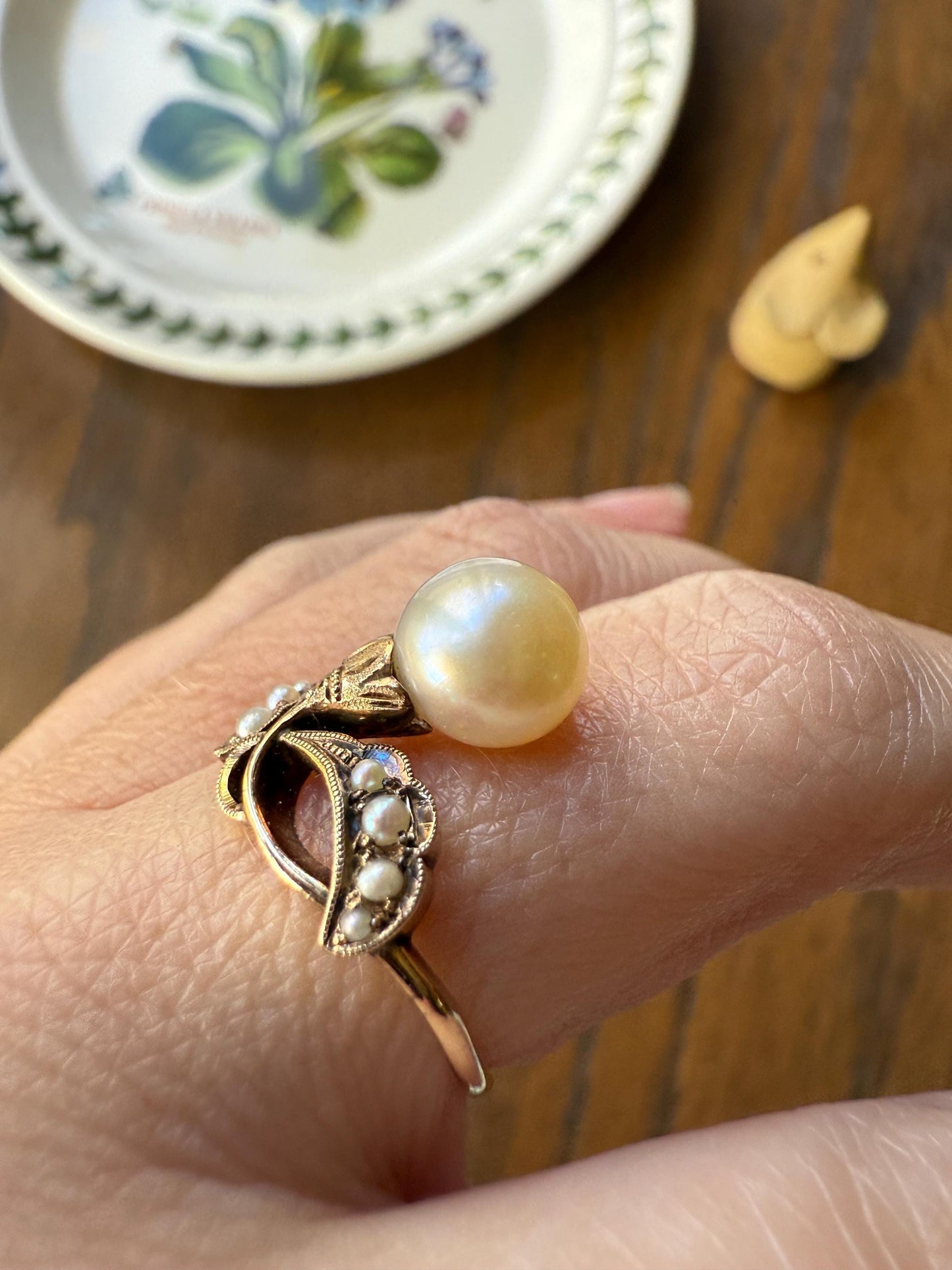 Pearl Floral TIARA RING Antique Art Nouveau Victorian Swirl Seed Pearl Ring 14k Gold Rosy Solid Cocktail Stacker Ornate Romantic Gift
