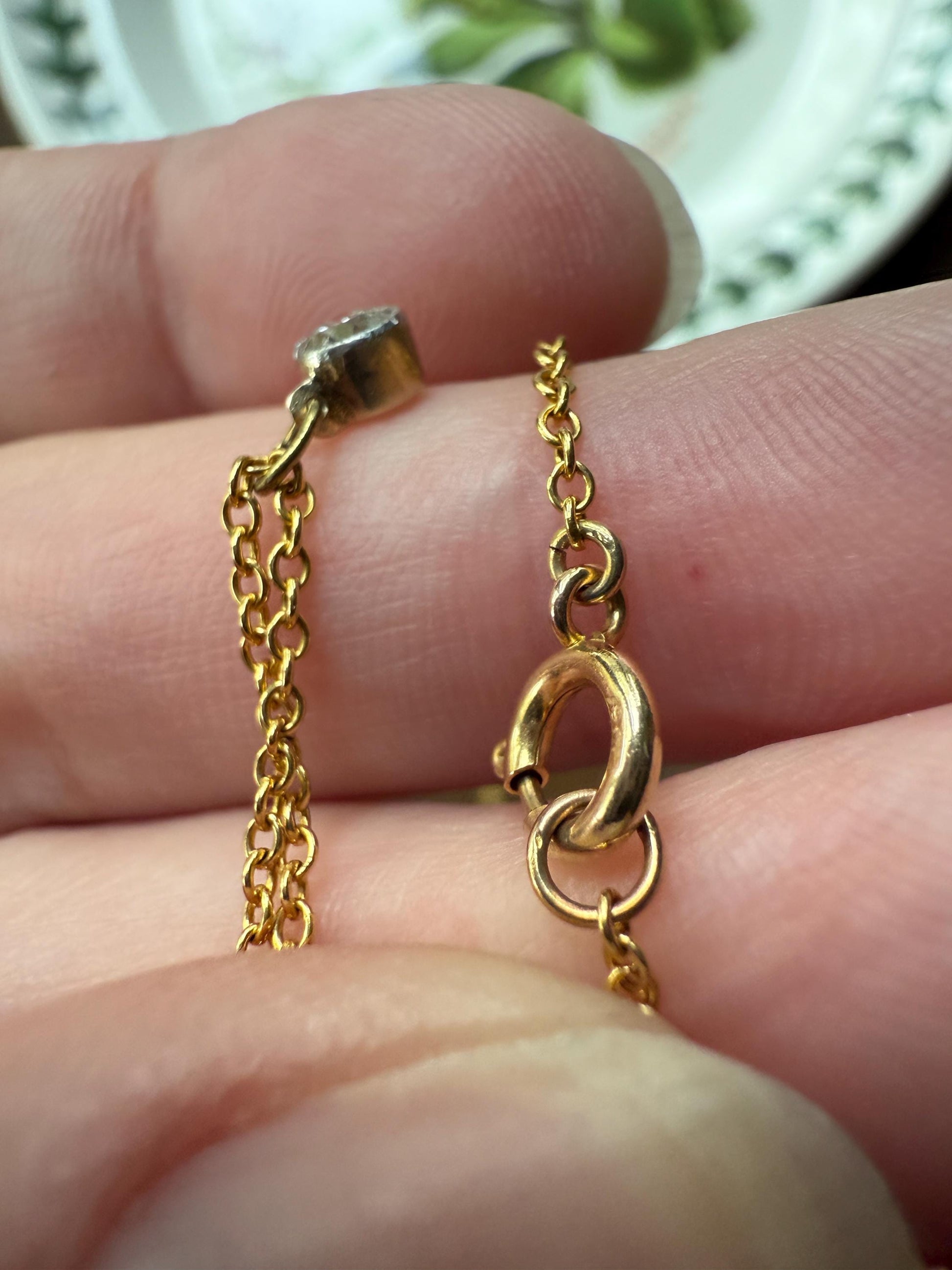 Minimalist 3.5mm Old European Cut Diamond Dainty Antique 14k Gold Pendant on Vintage 9k Gold Chain 2g 16.5" Short Milgrain Bezel Neckstack