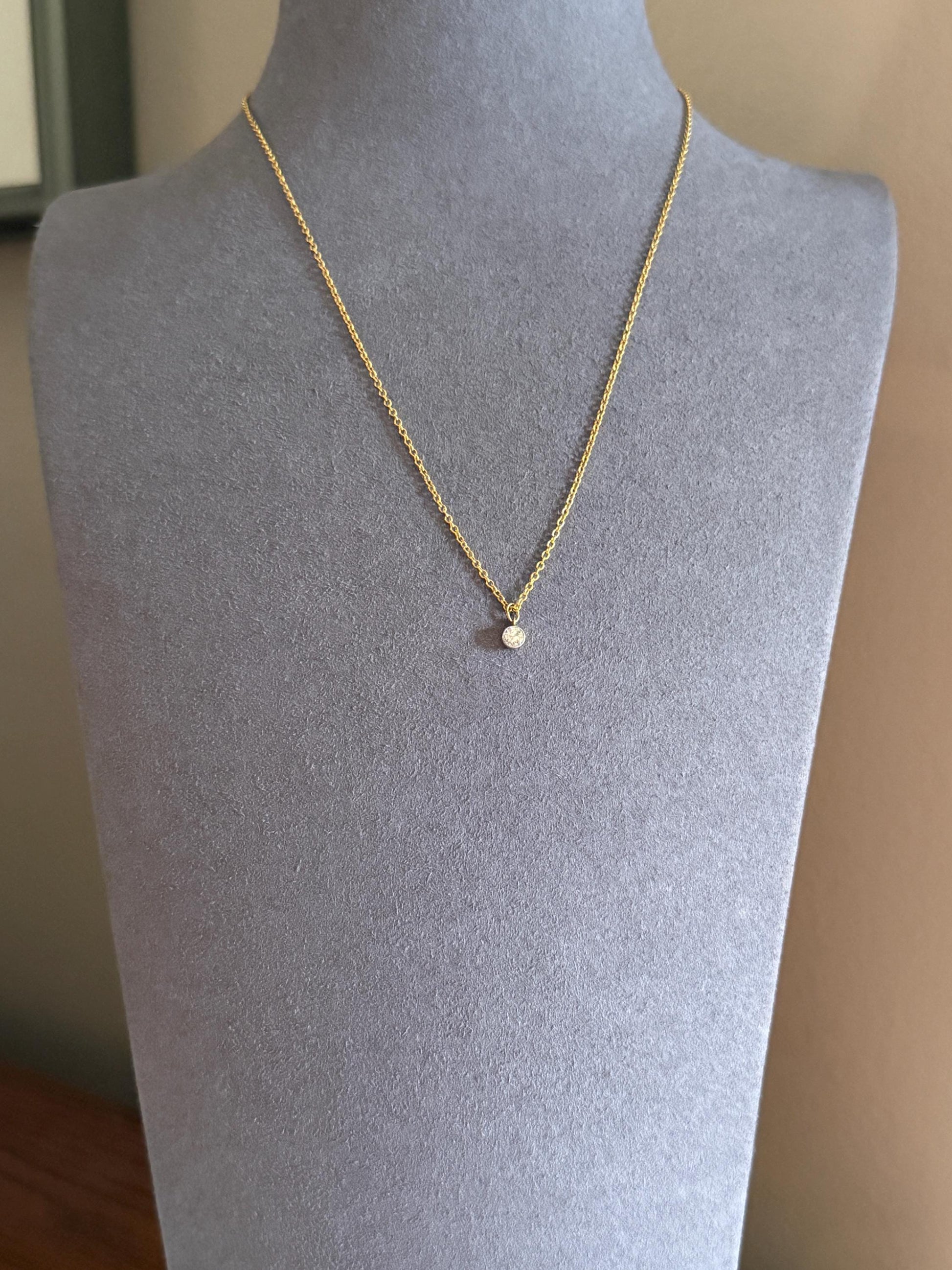 Minimalist 3.5mm Old European Cut Diamond Dainty Antique 14k Gold Pendant on Vintage 9k Gold Chain 2g 16.5" Short Milgrain Bezel Neckstack