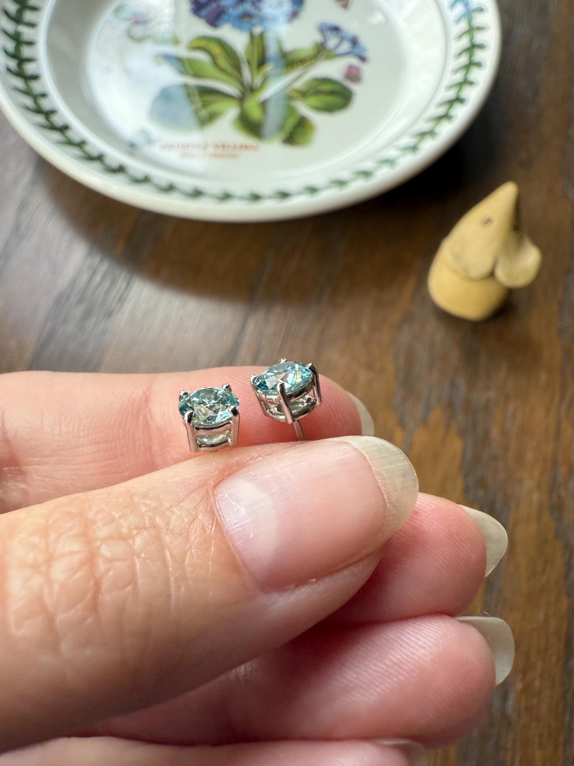 FIERY Fancy Intense Greenish Blue DIAMOND 1.2 Carat Stud Earrings Natural Enhanced w/ Certificates Earstack .6 Each Daily Wearers Minimalist