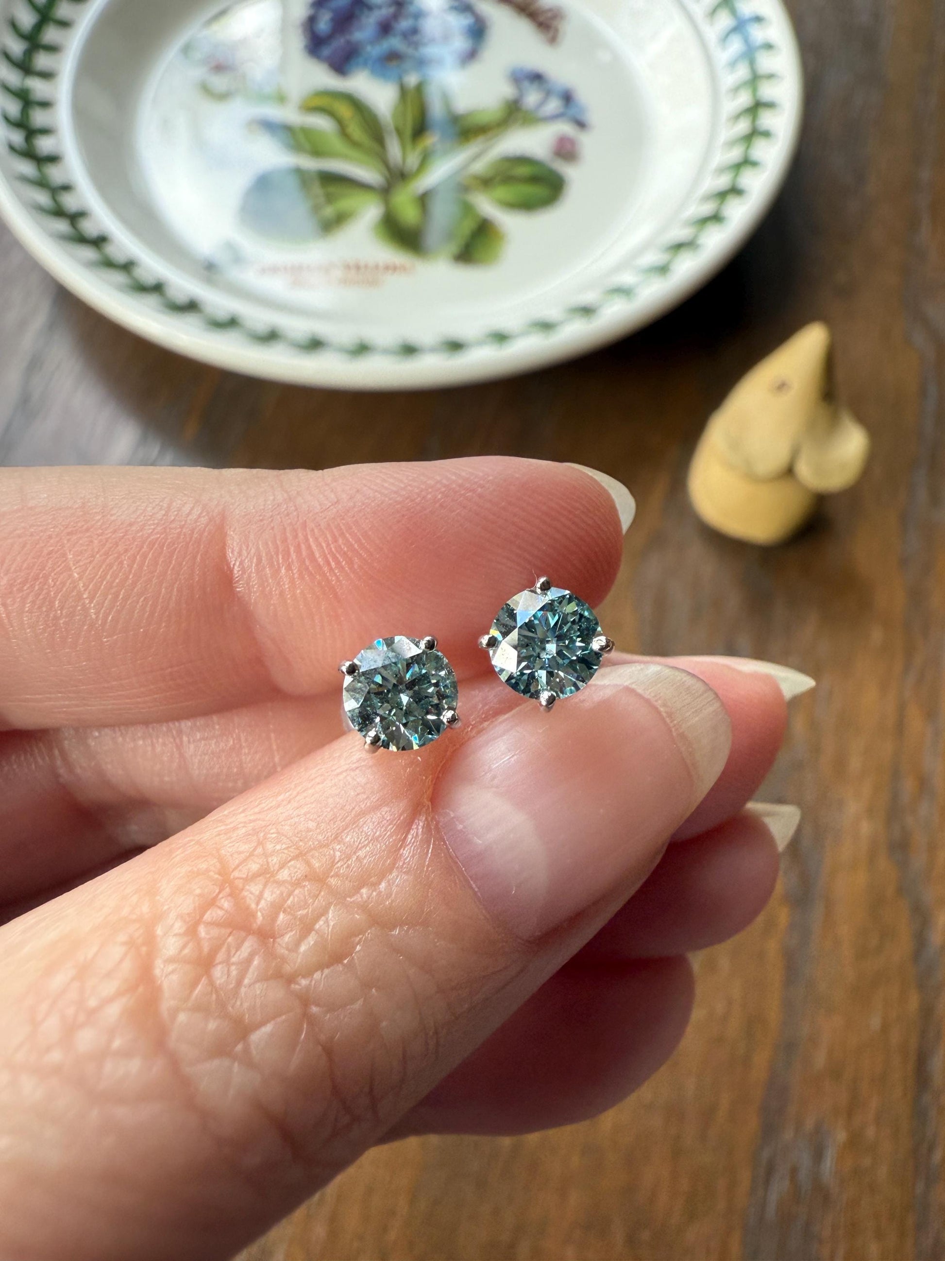 FIERY Fancy Intense Greenish Blue DIAMOND 1.2 Carat Stud Earrings Natural Enhanced w/ Certificates Earstack .6 Each Daily Wearers Minimalist