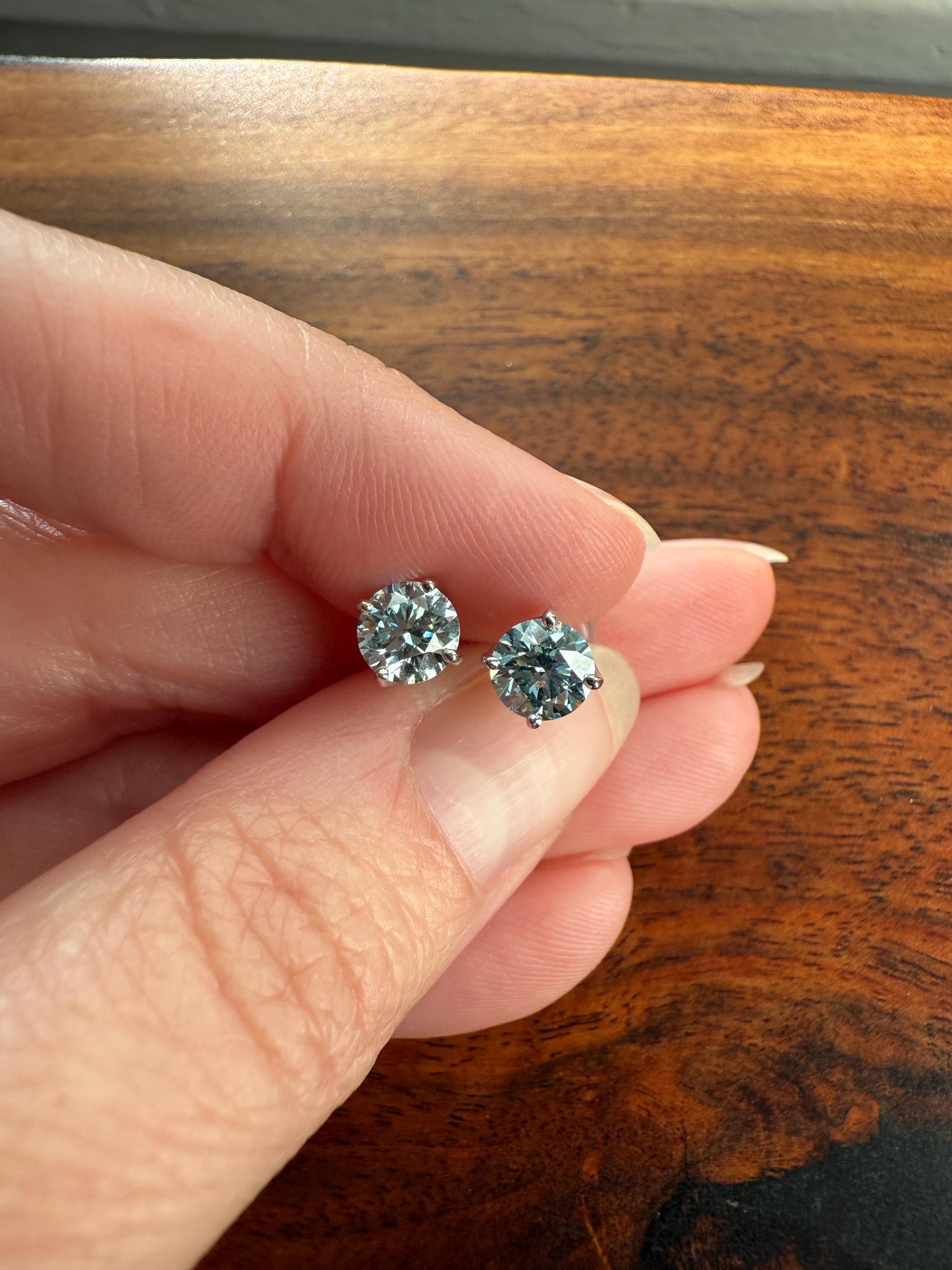 FIERY Fancy Intense Greenish Blue DIAMOND 1.2 Carat Stud Earrings Natural Enhanced w/ Certificates Earstack .6 Each Daily Wearers Minimalist