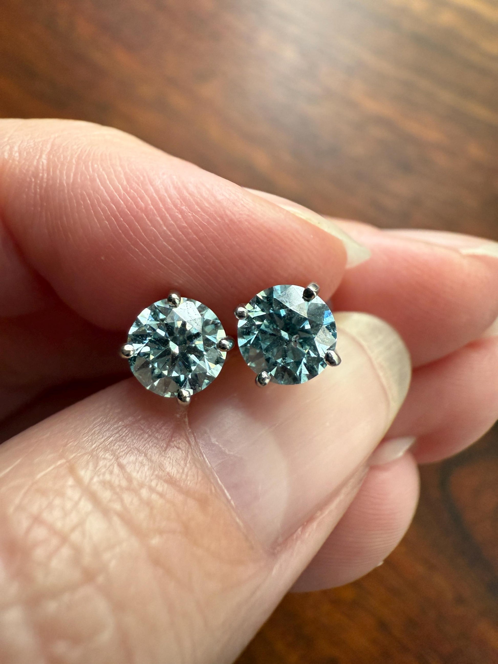 FIERY Fancy Intense Greenish Blue DIAMOND 1.2 Carat Stud Earrings Natural Enhanced w/ Certificates Earstack .6 Each Daily Wearers Minimalist