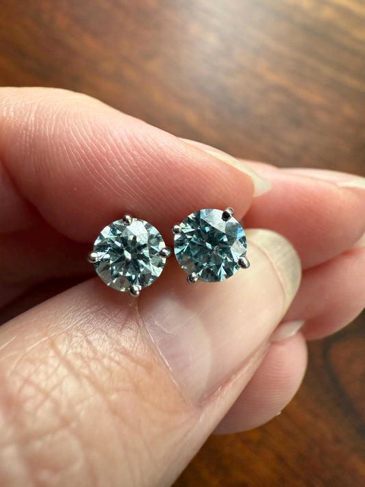 FIERY Fancy Intense Greenish Blue DIAMOND 1.2 Carat Stud Earrings Natural Enhanced w/ Certificates Earstack .6 Each Daily Wearers Minimalist