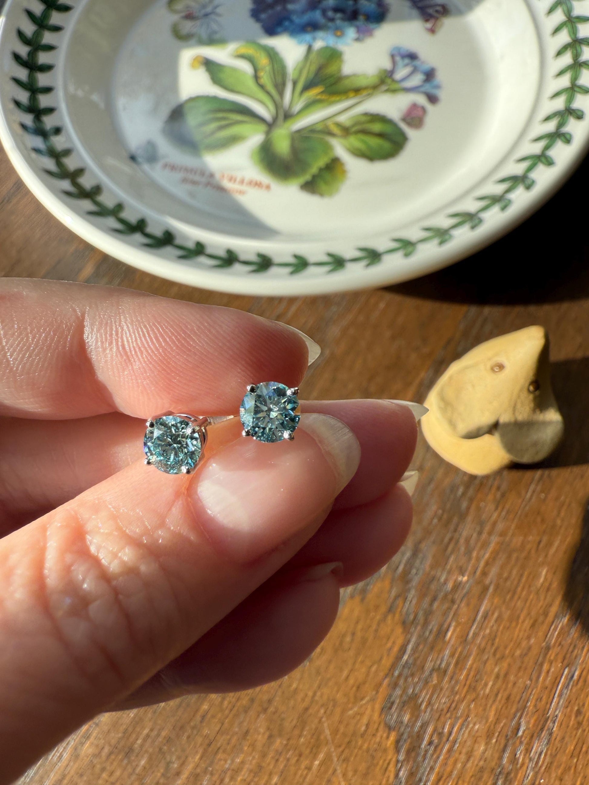 FIERY Fancy Intense Greenish Blue DIAMOND 1.2 Carat Stud Earrings Natural Enhanced w/ Certificates Earstack .6 Each Daily Wearers Minimalist