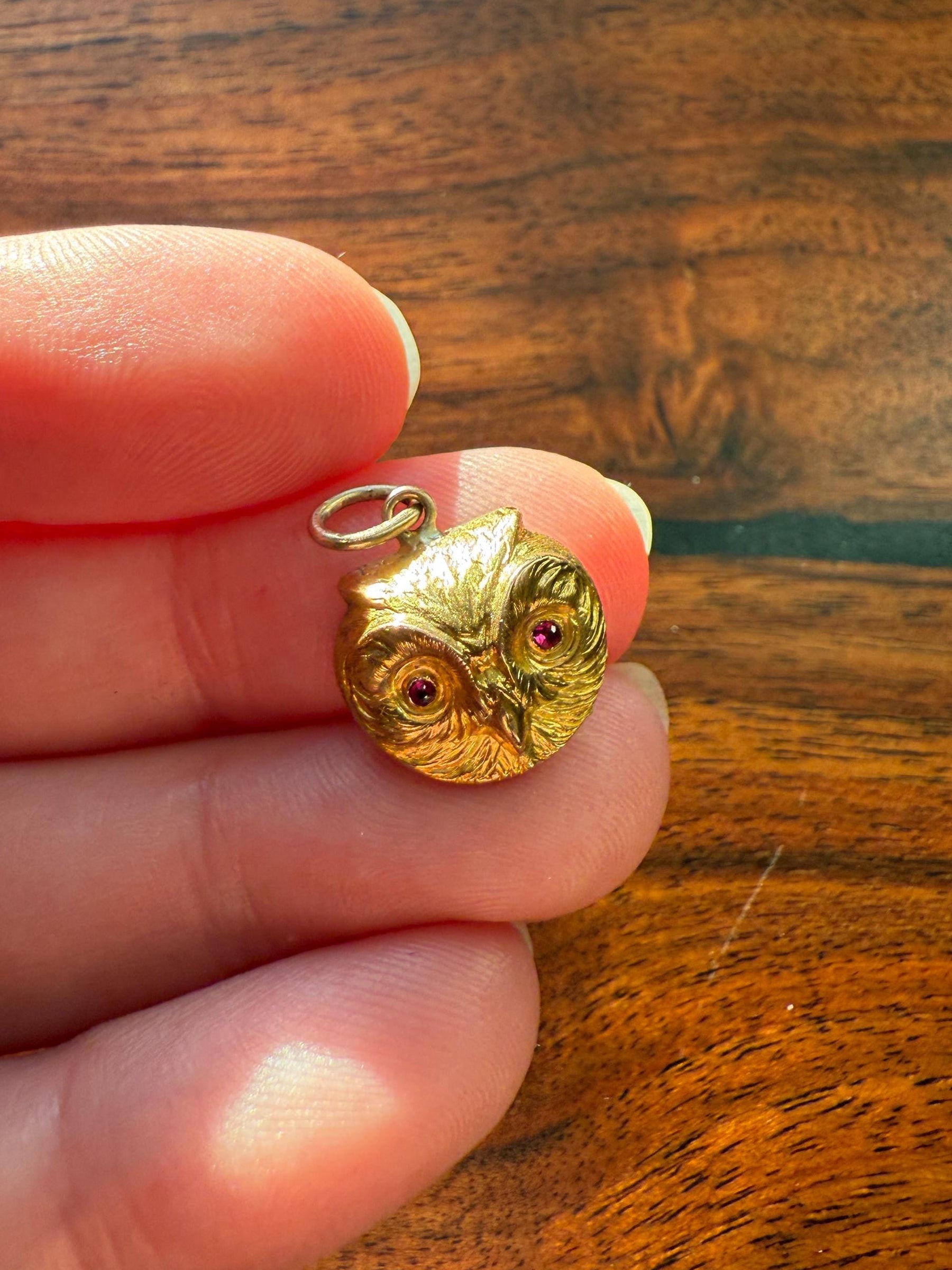 OWL 3D French Antique Victorian 18k Gold Figural Pendant Ruby Eyes
