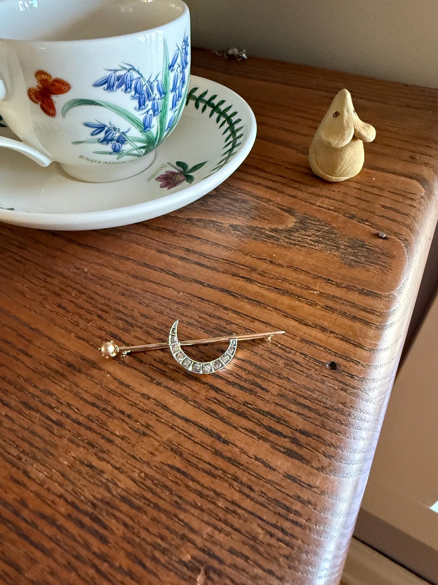 MOON Crescent Brooch .85 Carat + Rose Old Mine DIAMOND 14k Gold Platinum Extender Connector Pendant Pin Charm Holder Figural Celestial Pearl