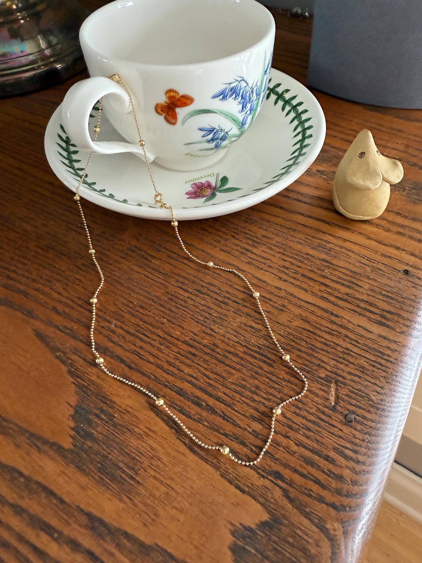 French Vintage Teeny Tiny Mini Bead 18k Gold Pearl 18" Chain Necklace Solid Ball Rivet Minimalist Layering Pendant Holder Shimmer Gift