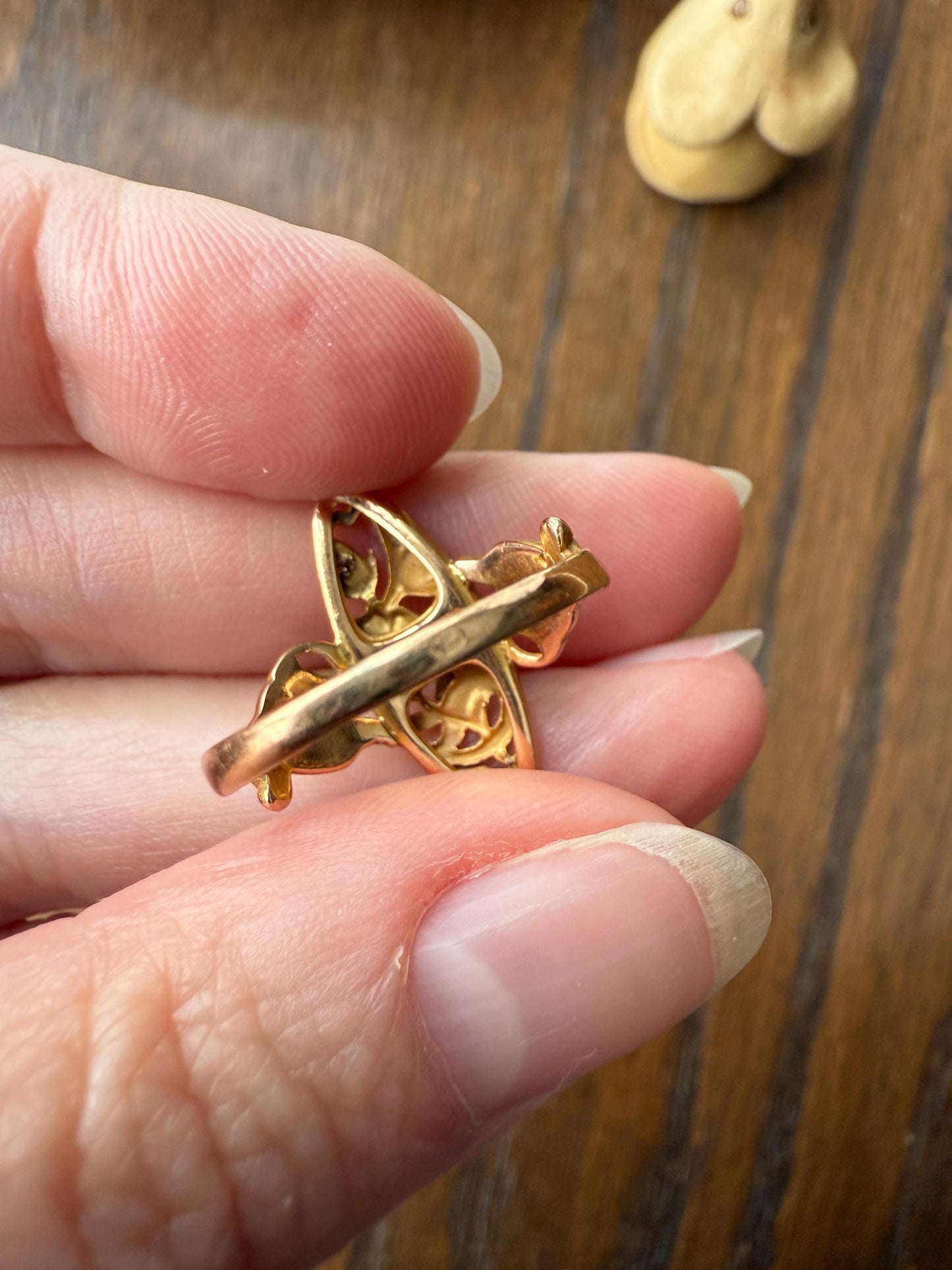FRENCH Antique FLORAL Navette Ring 18k Rose Gold Art Nouveau Victorian Rose Cut DIAMONDs Belle Epoque Romantic Gift Stacker