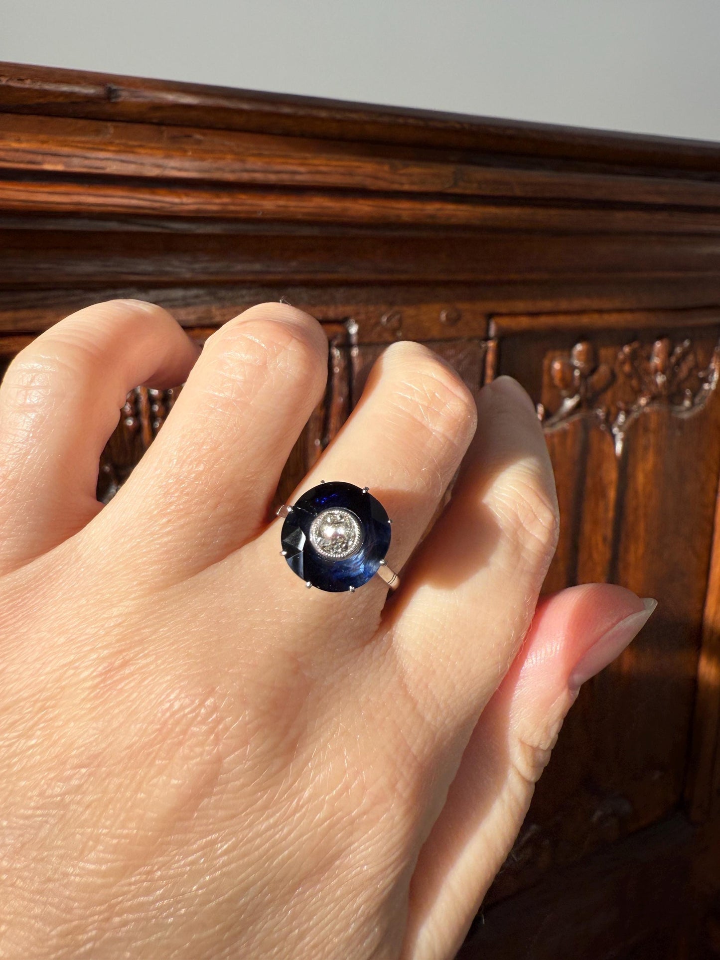 ANTIQUE Old Mine Cut Diamond & Tall Blue Sapphire Faceted HALO Ring French Platinum Edwardian Belle Epoque Stacker Bullseye Target Stacker