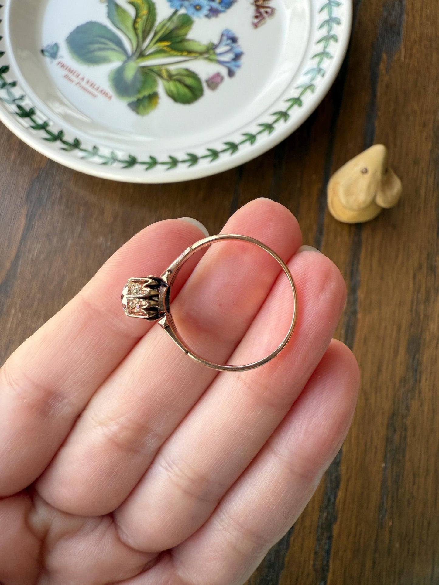 Tall Ornate French Victorian Antique One Carat Old Mine Cut DIAMOND Solitaire Engagement Ring 10k Rose Gold Scrolled Tulip Shoulders Stacker