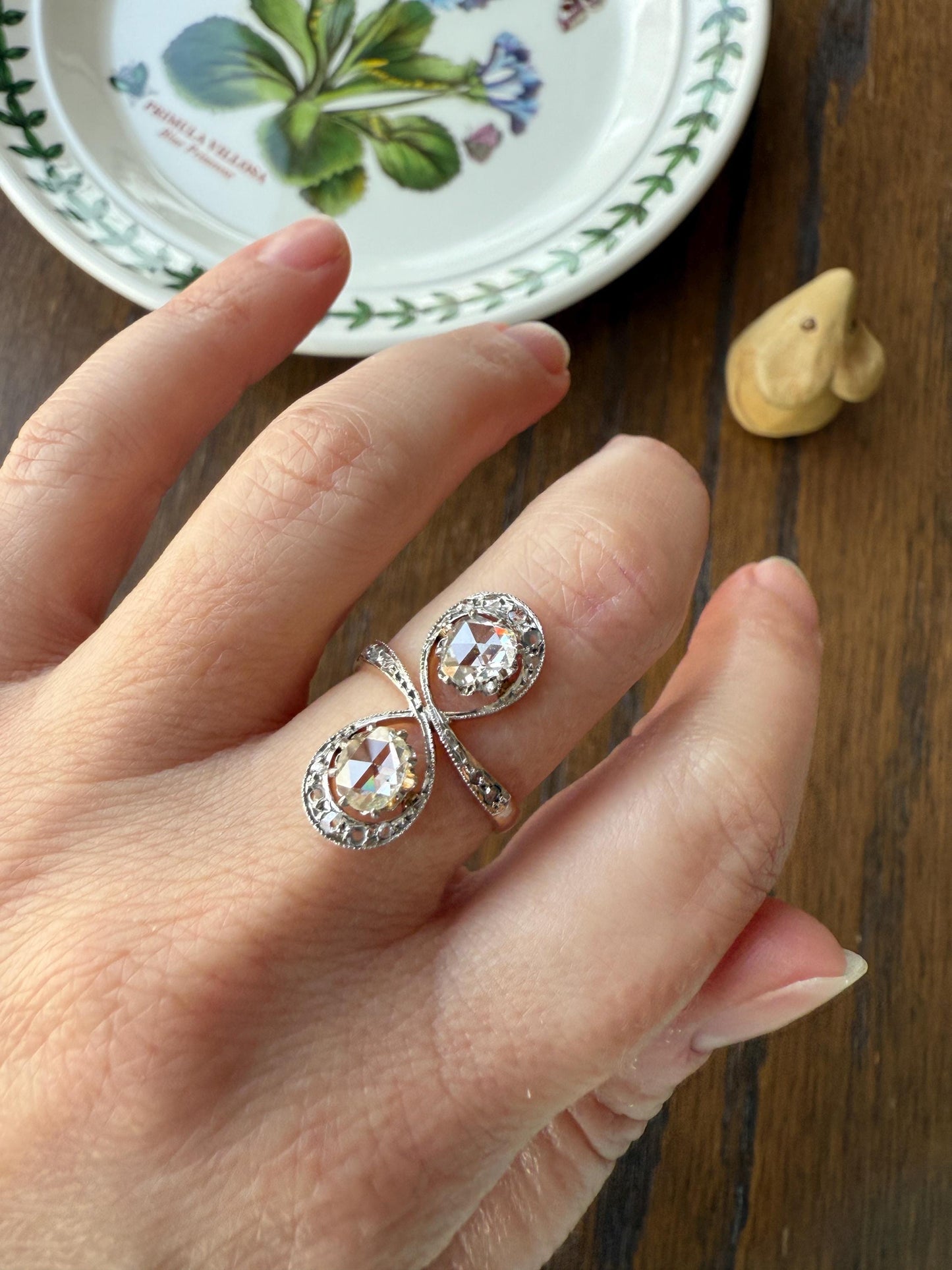 Belle Epoque Antique Rose Cut DIAMOND Toi et Moi Ring 1.5 Carat Face Up 18k Gold Victorian Infinity Figure 8 Swirl Art Nouveau Movement