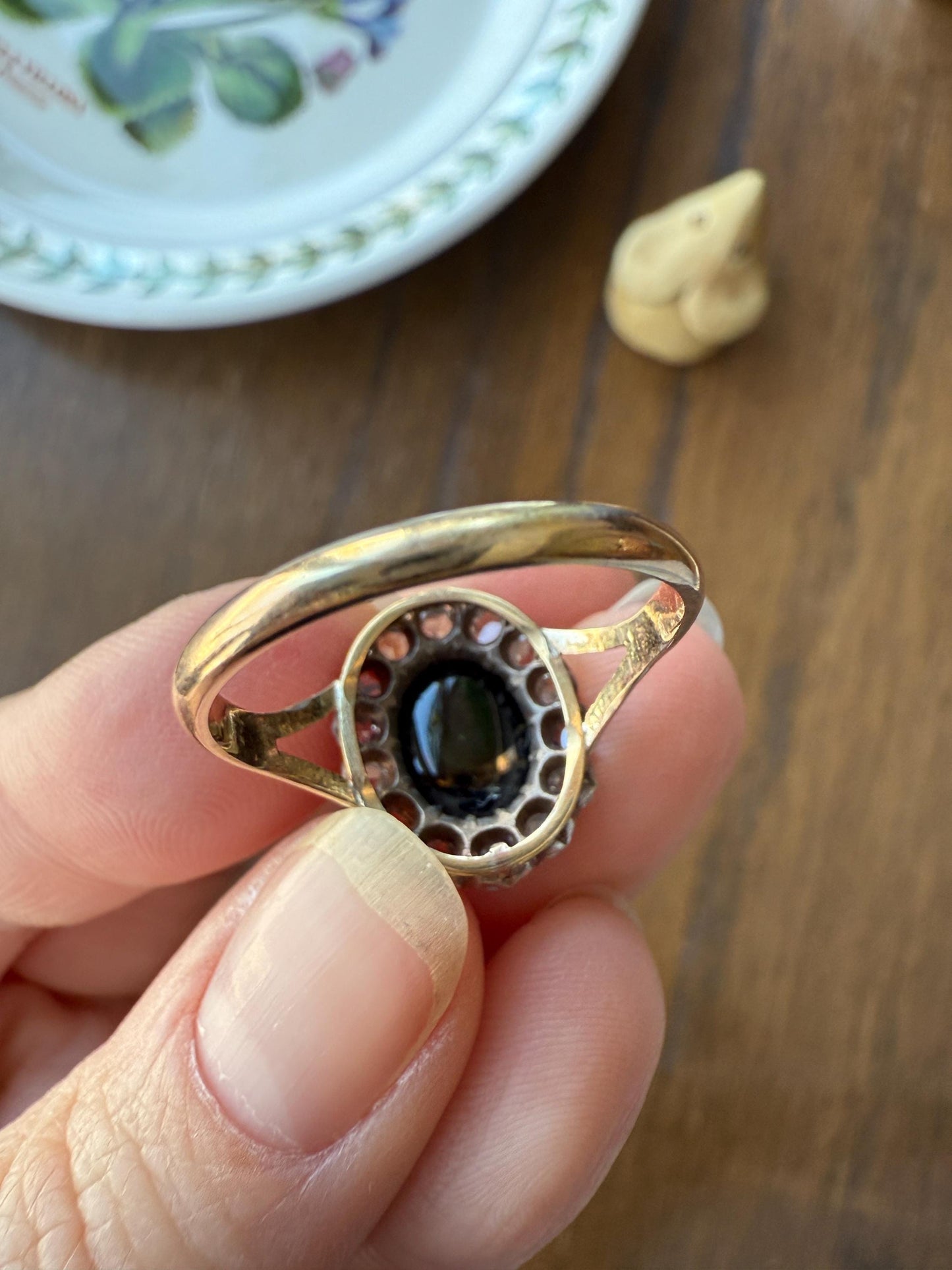 SAPPHIRE Antique Natural Blue Green Cabochon Rose Cut DIAMOND Halo Ring 14k Gold & Silver Domed Orb Unique Teal Gift Stacker