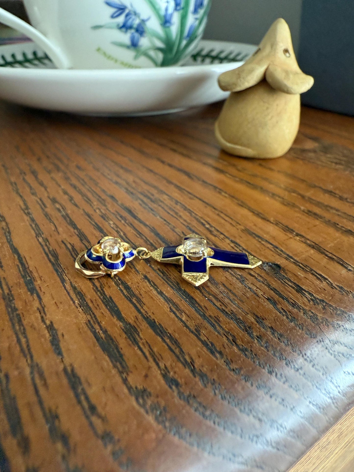 Antique CROSS Pendant French Victorian Cobalt Blue ENAMEL 18k Gold Paste Bead Locket ? Compartment Faceted Split Ring Religious Gift