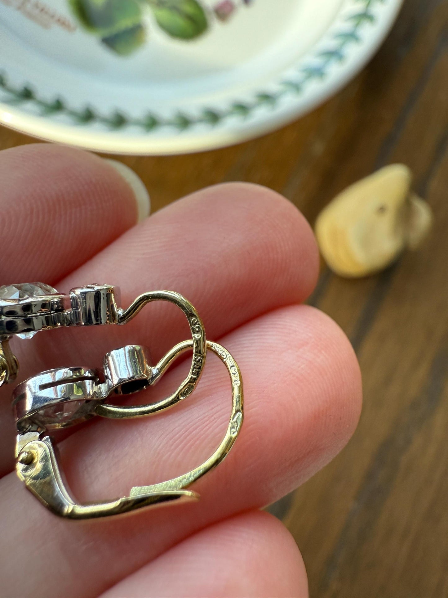 Boxed Antique 1.6 Carat Old Mine Cut DIAMOND Dormeuse Earrings Bezel Set 14k Gold Dangle Bullseye Illusion Setting