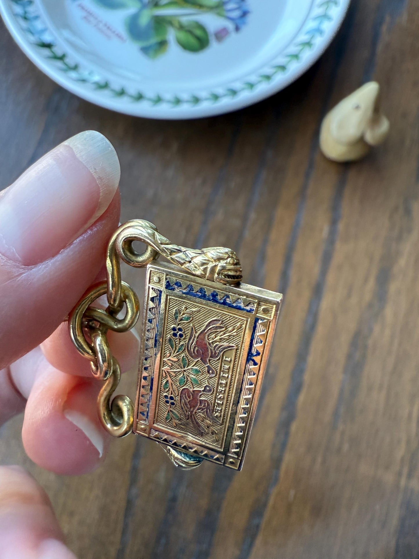 Antique SNAKE "Imitate the BIRDS" Floral Pansy Reversible Fob Pendant Heavy 7.3g 18k Gold French Traditional Enamel Coiled Two Heads