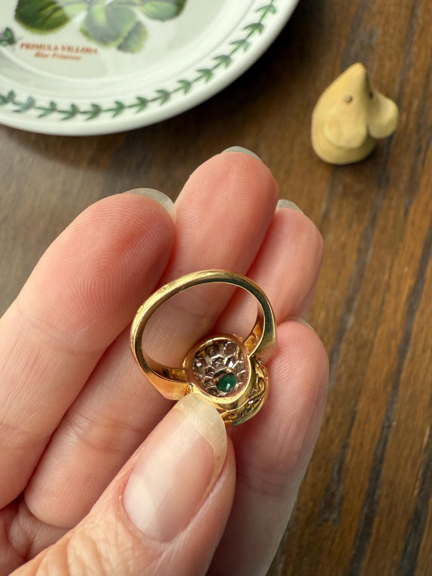 Antique Oval Pave Panel Ring Green Natural Emerald 1.25 Carat Old Mine Cut Diamonds Cluster 18k Gold French Ornate Texture