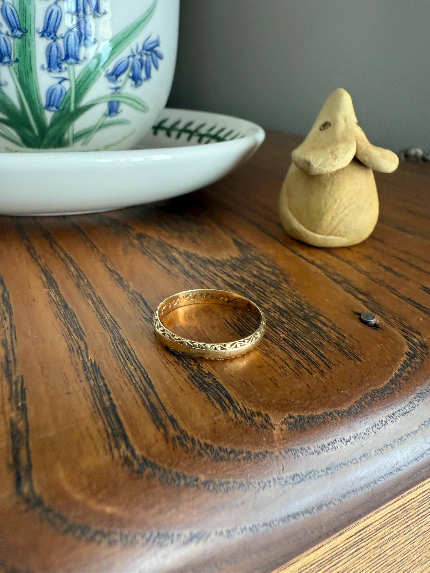 DATED Engraved Vintage Wedding Band Vertical Edge Engraving December 1937 Ornate Swirl Stacker 14k Gold Solid Ring Art Deco