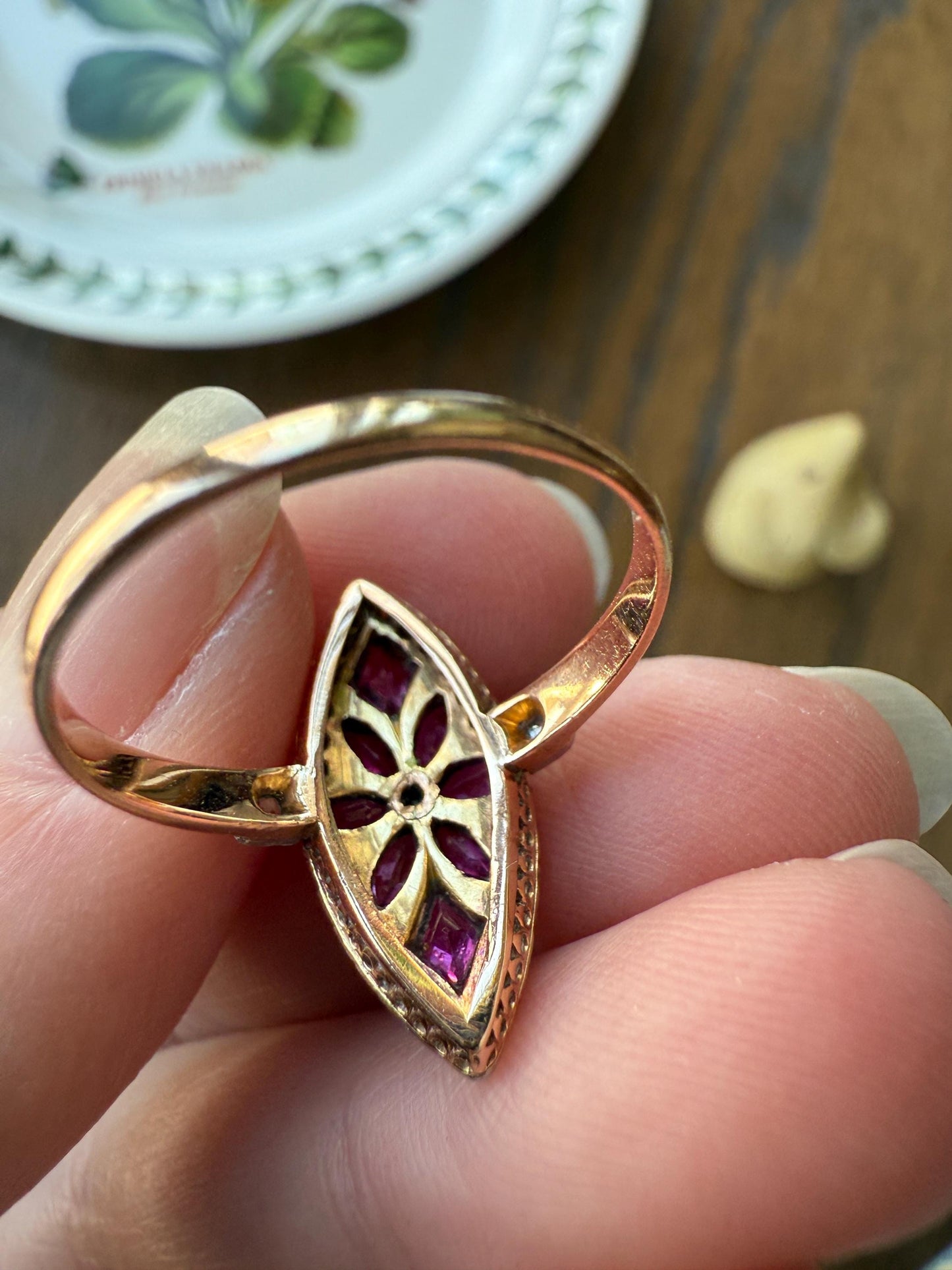 Floral Starburst Art NOUVEAU Antique FRENCH Rose Cut Diamond RUBY Sapphire Navette Ring 18k Gold PLATiNUM Belle Epoque Pink