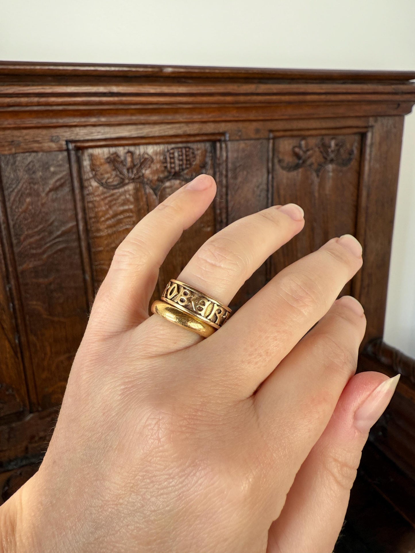 Wish My Name Was ROBERT Antique DATED 1909 French Edwardian 14k Gold Solid Ornate Eternity 3D Monogram Cigar Band Name Ring