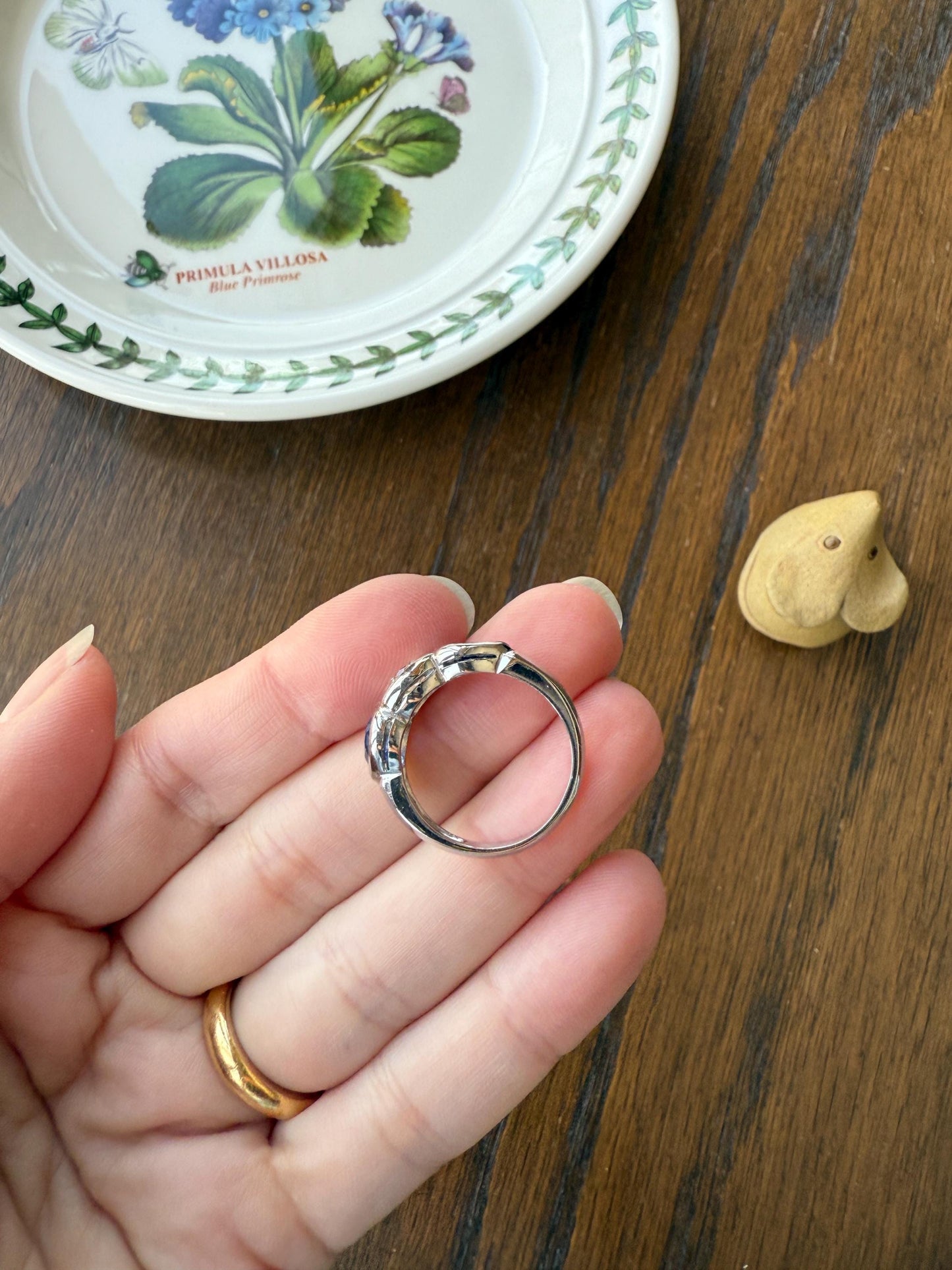 Vintage Spready One Carat Old Mine Cut DIAMOND Natural Pear SAPPHIRE East West OVAL Platinum Three Stone Ring Bezel Stacker Band Blue Chunky