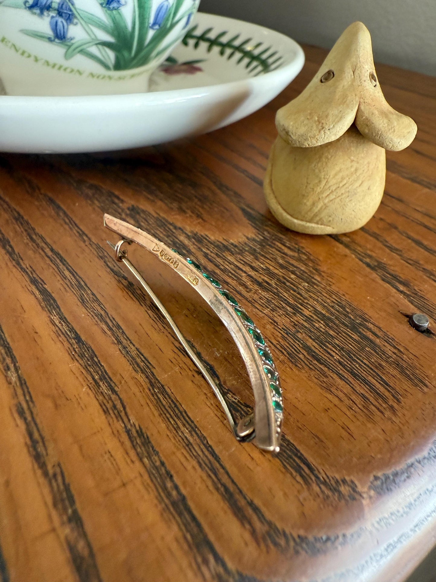 Large MOON Crescent Brooch 9k Gold c1905 Green Paste Rose Cut DIAMOND Extender Connector Pendant Holder Figural Celestial Pin