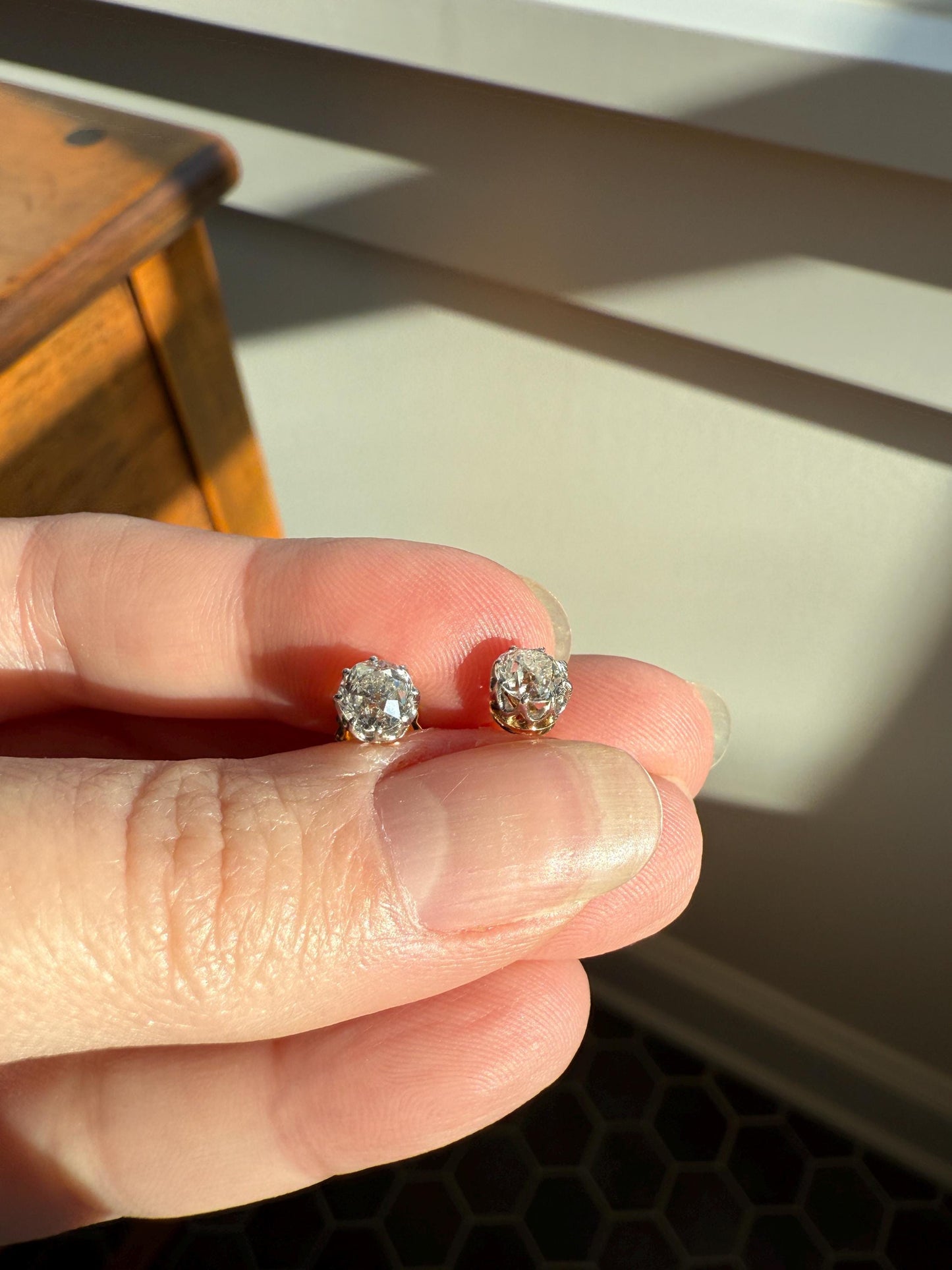 Antique 1.2 Carat Tdw Old Mine Cut DIAMOND Natural Studs 18k Gold Solid Screw Back Stud EARRINGS French Gift Belle Epoque Bridal Minimalist